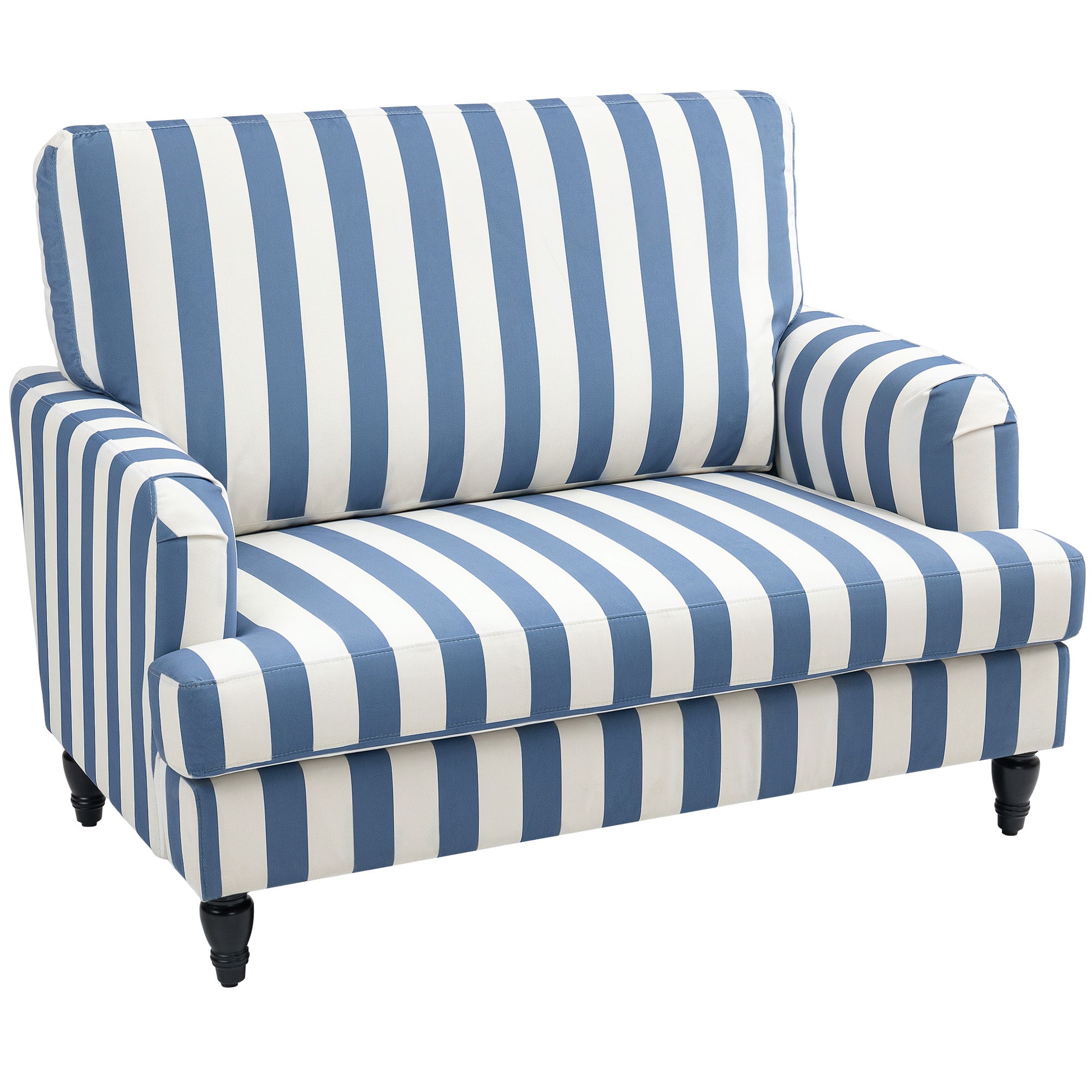 HOMCOM Modern Accent Chair, Velvet Single Sofa Armchair with Stripe, Turned Legs and Wide Seat, Upholstered Snuggle Chair for Living Room, Bedroom, Blue and White - North Peak Garden Furniture