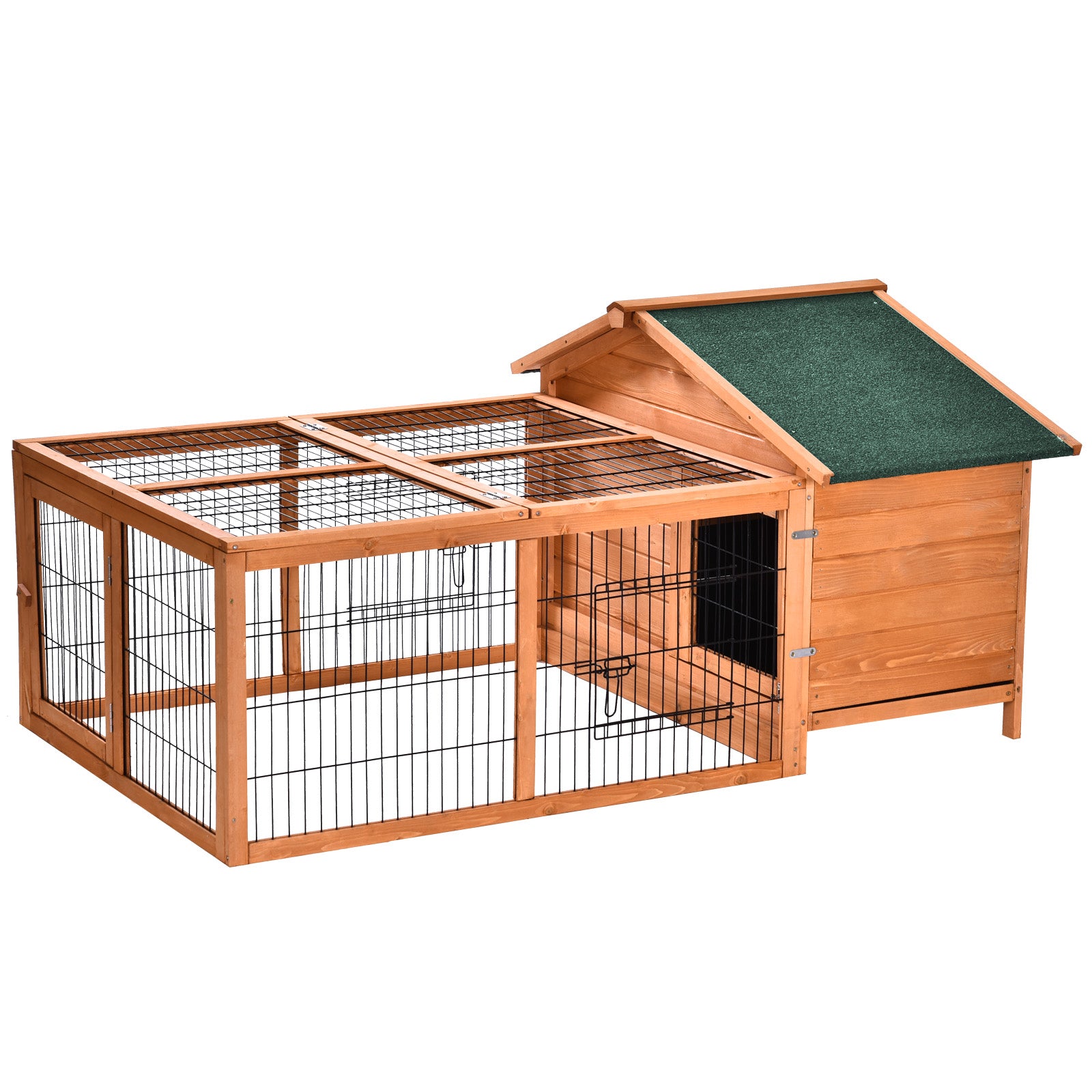 PawHut Wooden Rabbit Hutch Outdoor, Guinea Pig Hutch, Detachable Pet House Animal Cage with Openable Run & Roof Lockable Door Slide-out Tray 146 x 95 x 69cm - North Peak Garden Furniture