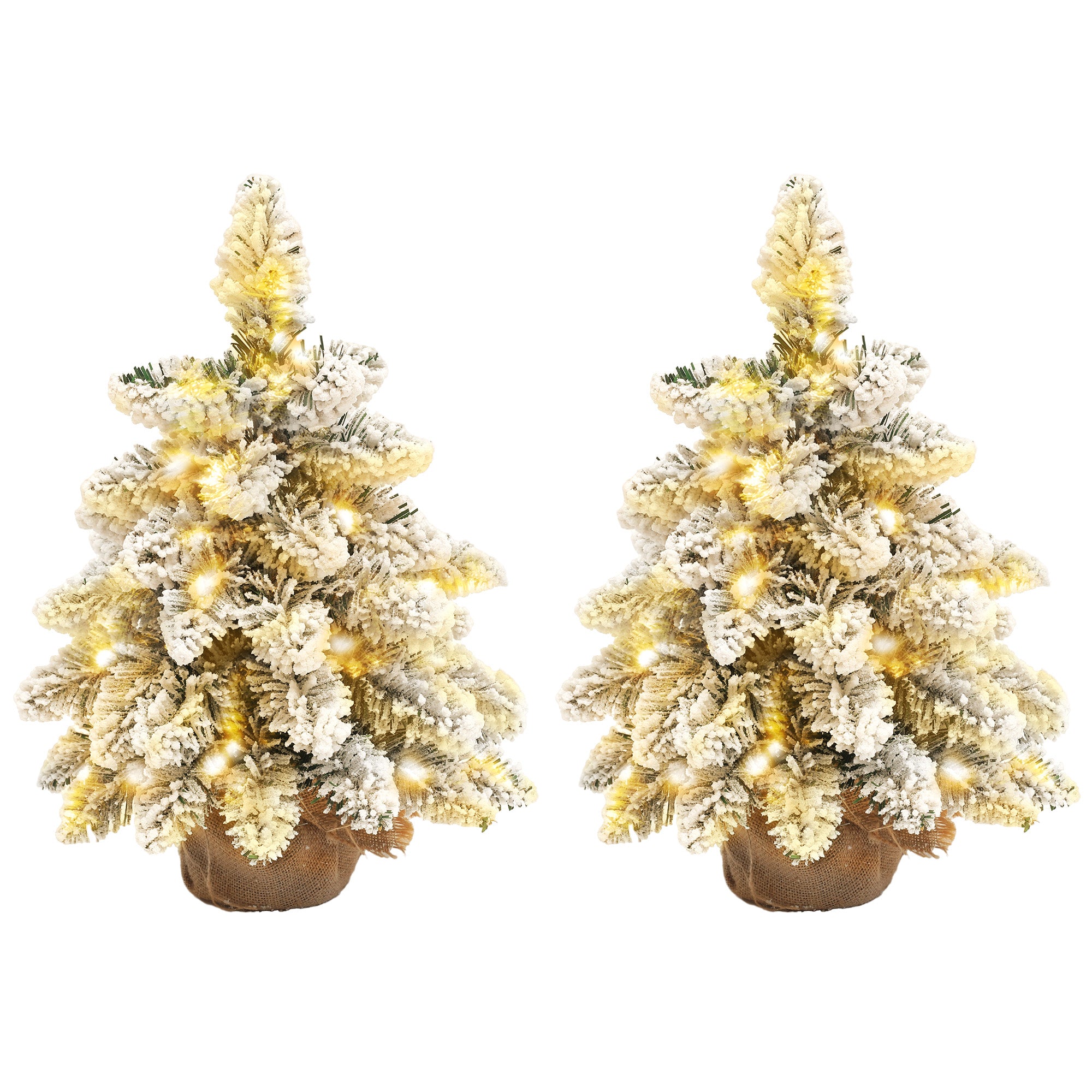 HOMCOM 1.5ft Mini Artificial Christmas Trees with Lights Set of 2, Snow Flocked Tabletop Christmas Trees with Base, Battery Operated, Desktop Party Decoration - North Peak Garden Furniture