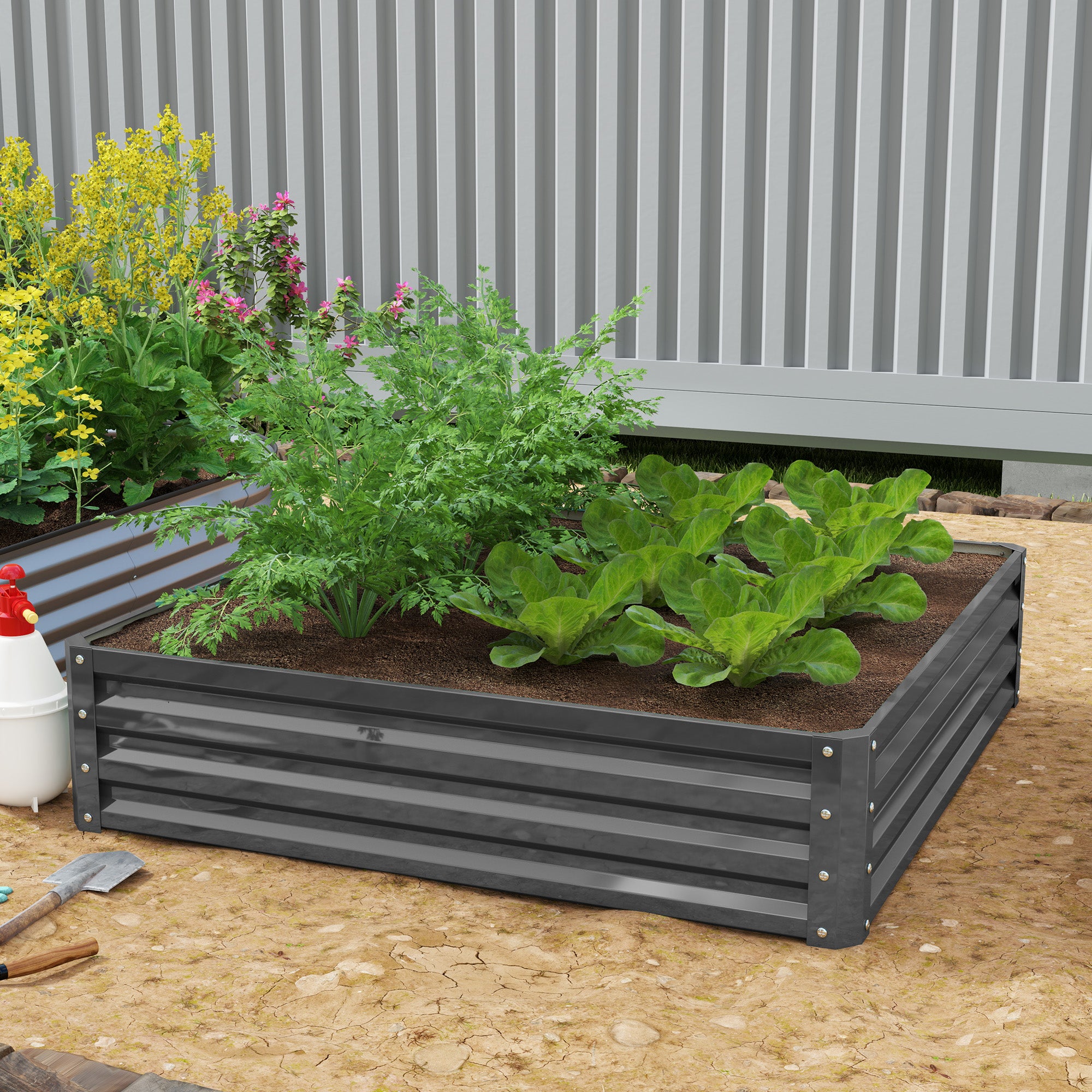 Outsunny 432L Square Raised Garden Bed Box Steel Frame for Vegetables, Flowers and Herbs, 120 x 120 x 30cm, Light Grey - North Peak Garden Furniture