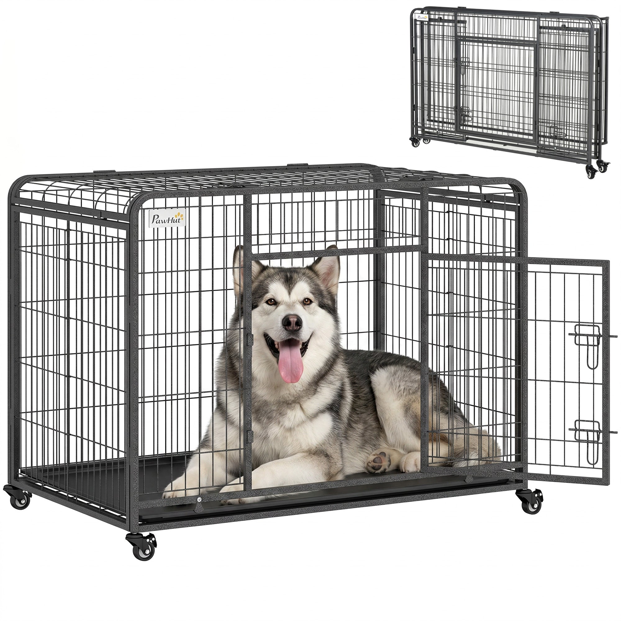 PawHut Metal Dog Cage Kennel Locking Door & Wheels Removable Tray Openable Top For Extra Large Pets 125 x 76 x 81 cm