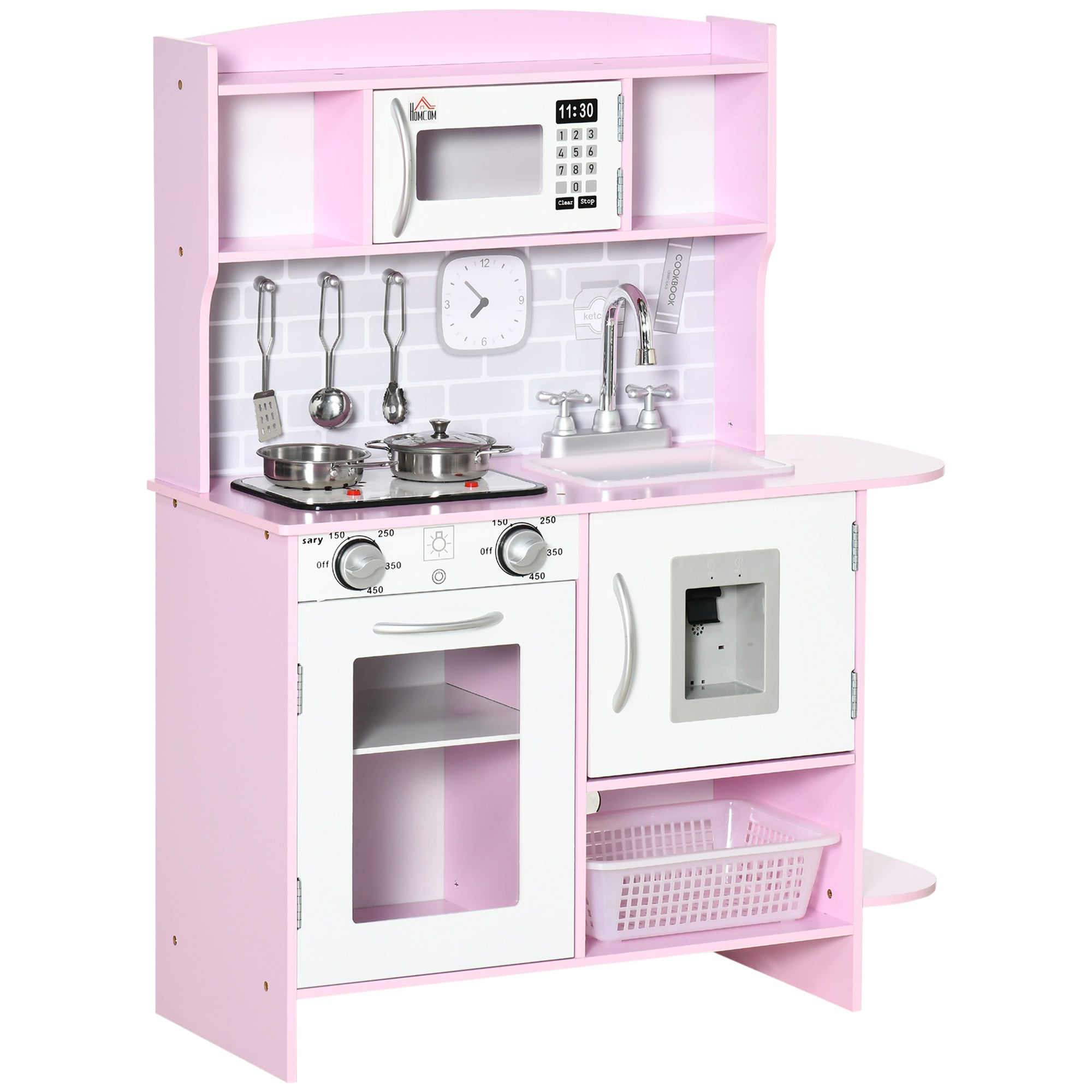 HOMCOM Kids Kitchen Playset, with Lights, Sounds, Microwave, Sink and Storage - Pink - North Peak Garden Furniture