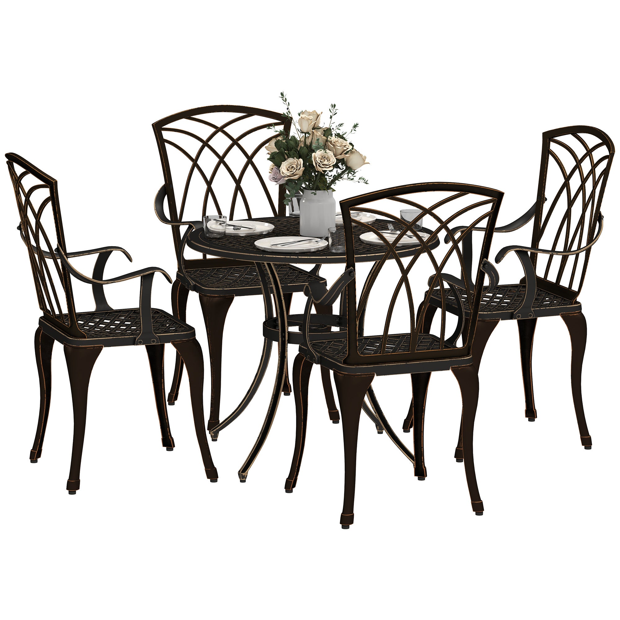Outsunny 5 Pieces Garden Dining Set for 4, Cast Aluminium Outdoor Dining Set with 4 Armchairs and Round Dining Table with Parasol Hole, Garden Furniture Set, Bronze Tone - North Peak Garden Furniture