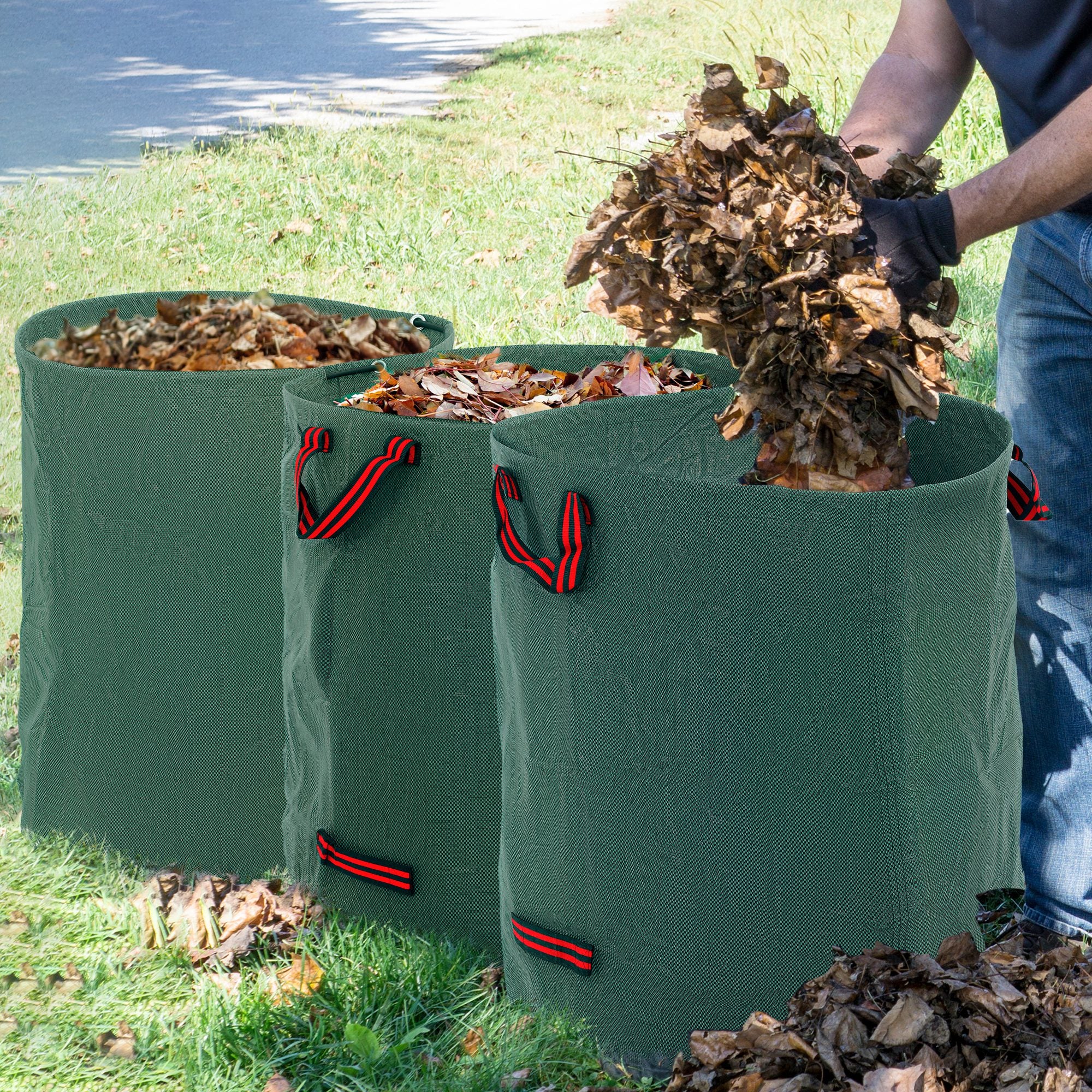 Outsunny Garden Waste Bags, 272L x 3 Heavy Duty Garden Bags, Foldable and Reusable Waste Sacks with Handles for Loading Leaf, Trash, Debris, Green - North Peak Garden Furniture