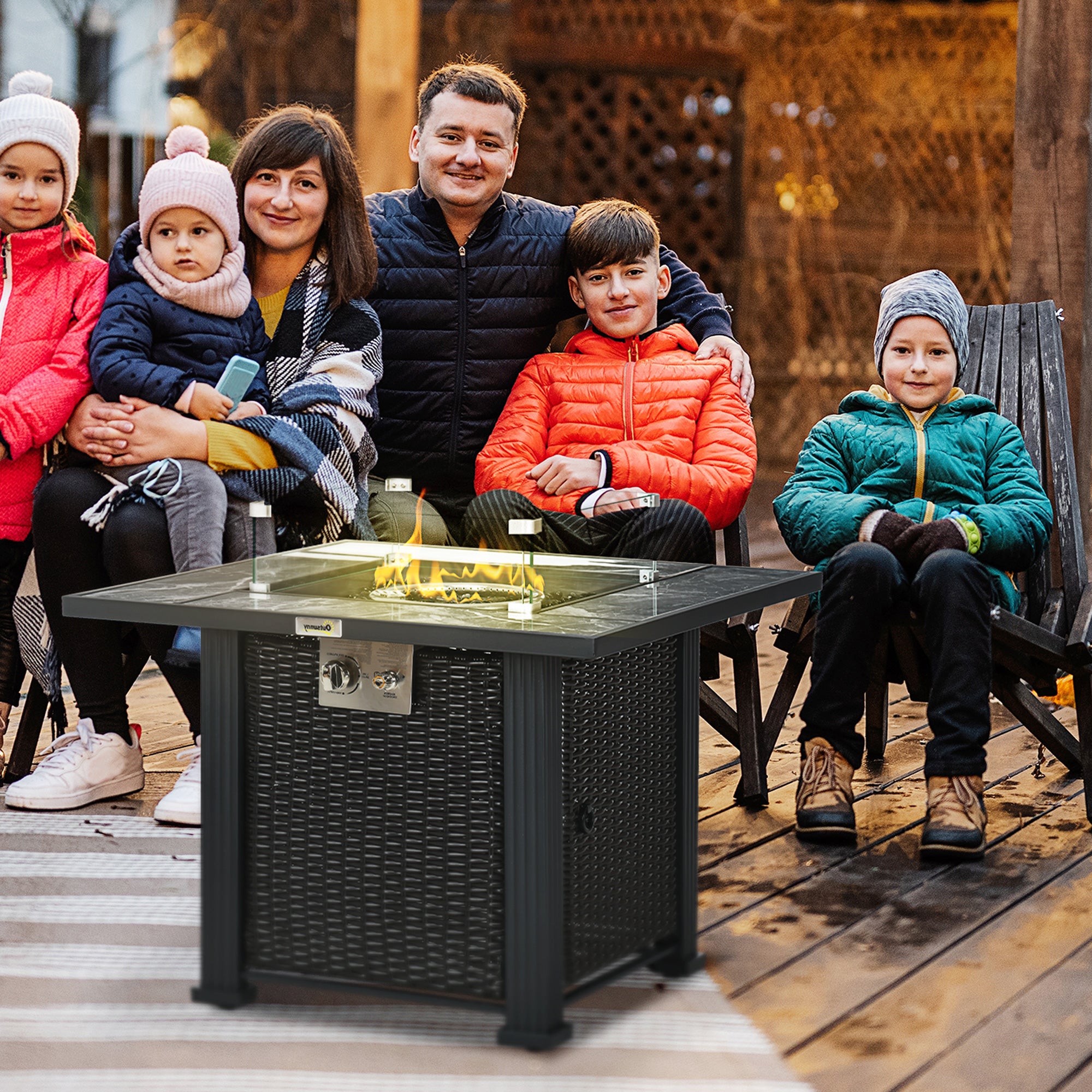 Outsunny Outdoor PE Rattan Gas Fire Pit Table, Patio Square Propane Heater with Marble Desktop, Rain Cover, Glass Windscreen, and Glass Stones, 50,000 BTU, Black - North Peak Garden Furniture