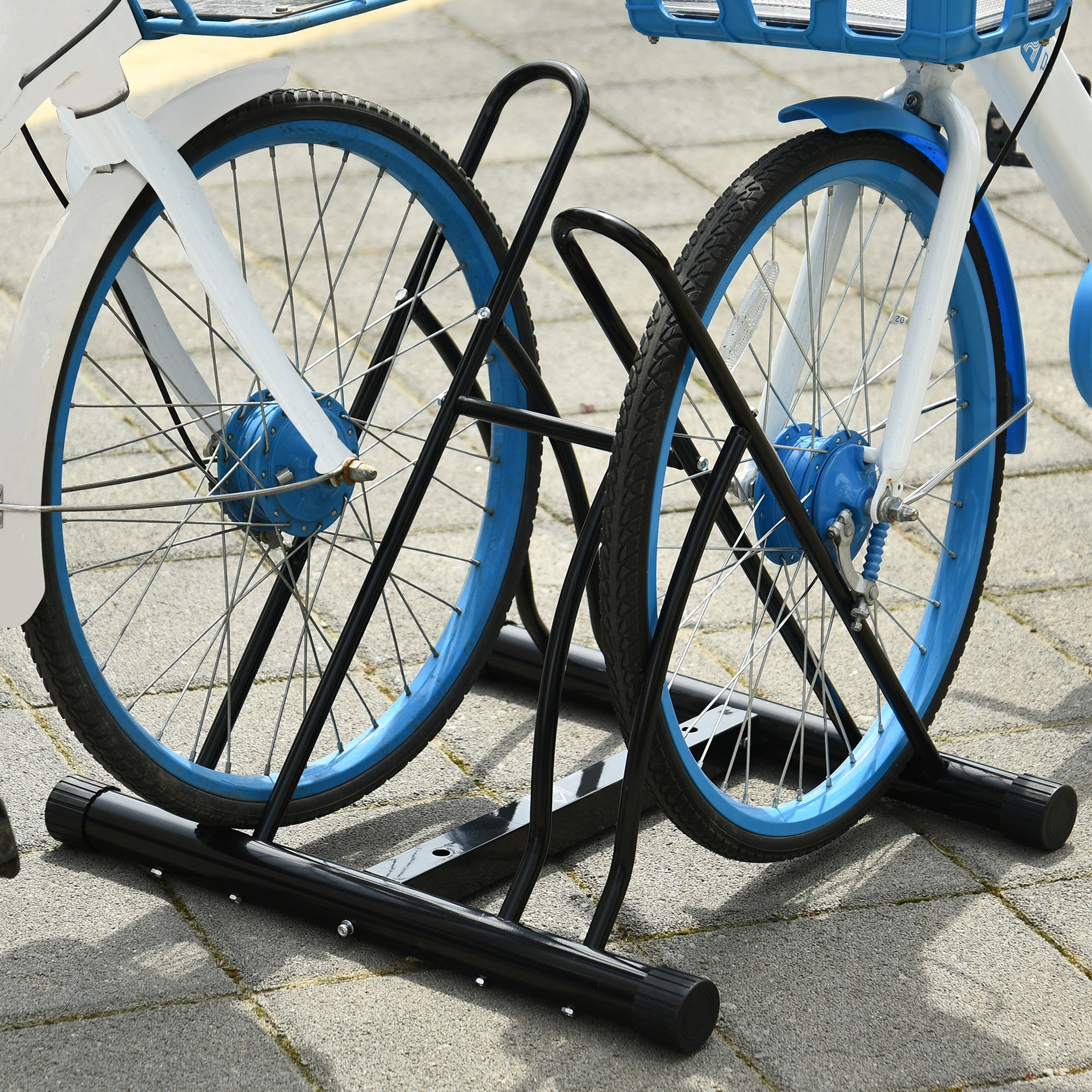 HOMCOM 2 Bike Floor Parking Stand Rack Indoor Outdoor Ground Reversible - Black - North Peak Garden Furniture