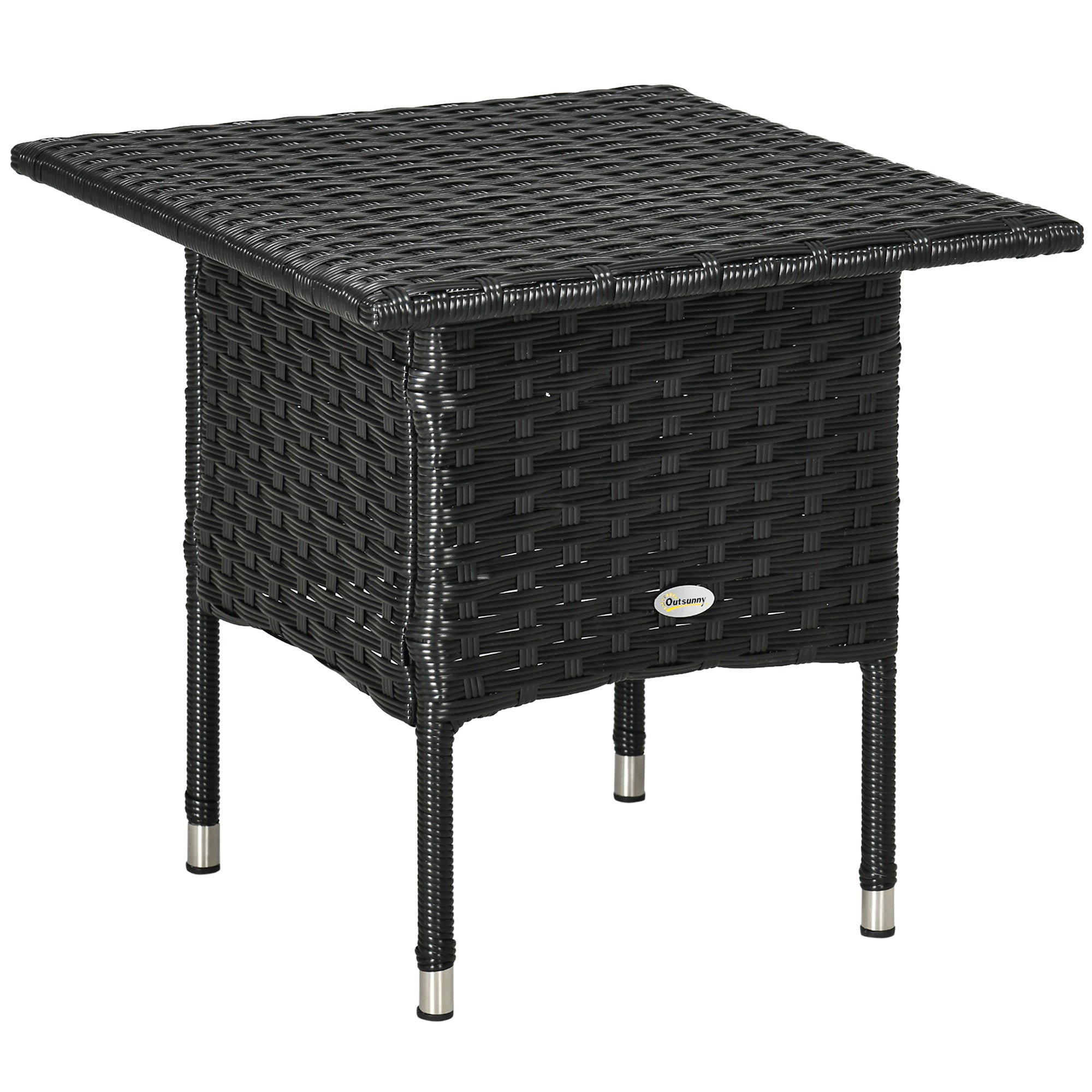 Outsunny Rattan Side Table, Outdoor Coffee Table with Plastic Board Under the Full Woven Table Top for Patio, Garden, Balcony, Black - North Peak Garden Furniture