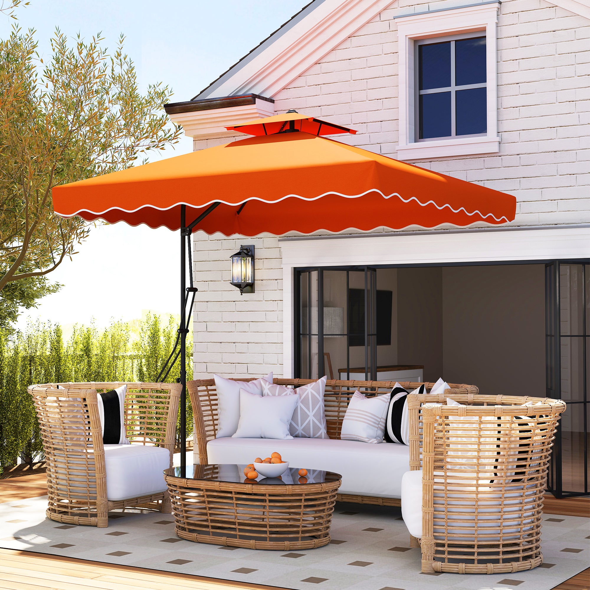 Outsunny 2.5m Cantilever Parasol with Easy Lever, Square Double Top Garden Parasol Umbrella with Ruffles and Cross Base, Overhanging Outdoor Sun Shades, Orange - North Peak Garden Furniture
