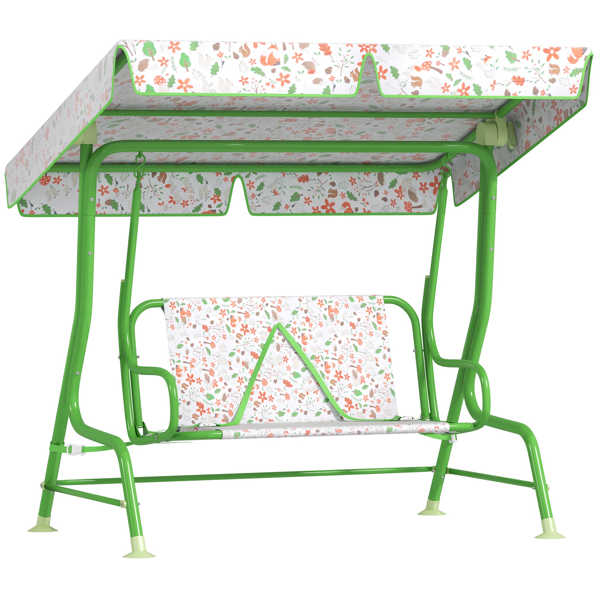 AIYAPLAY Kids Garden Swing Chair with Adjustable Canopy, Safety Belt, 2 Seater Hammock Swing Bench for Patio, Porch, Green - North Peak Garden Furniture