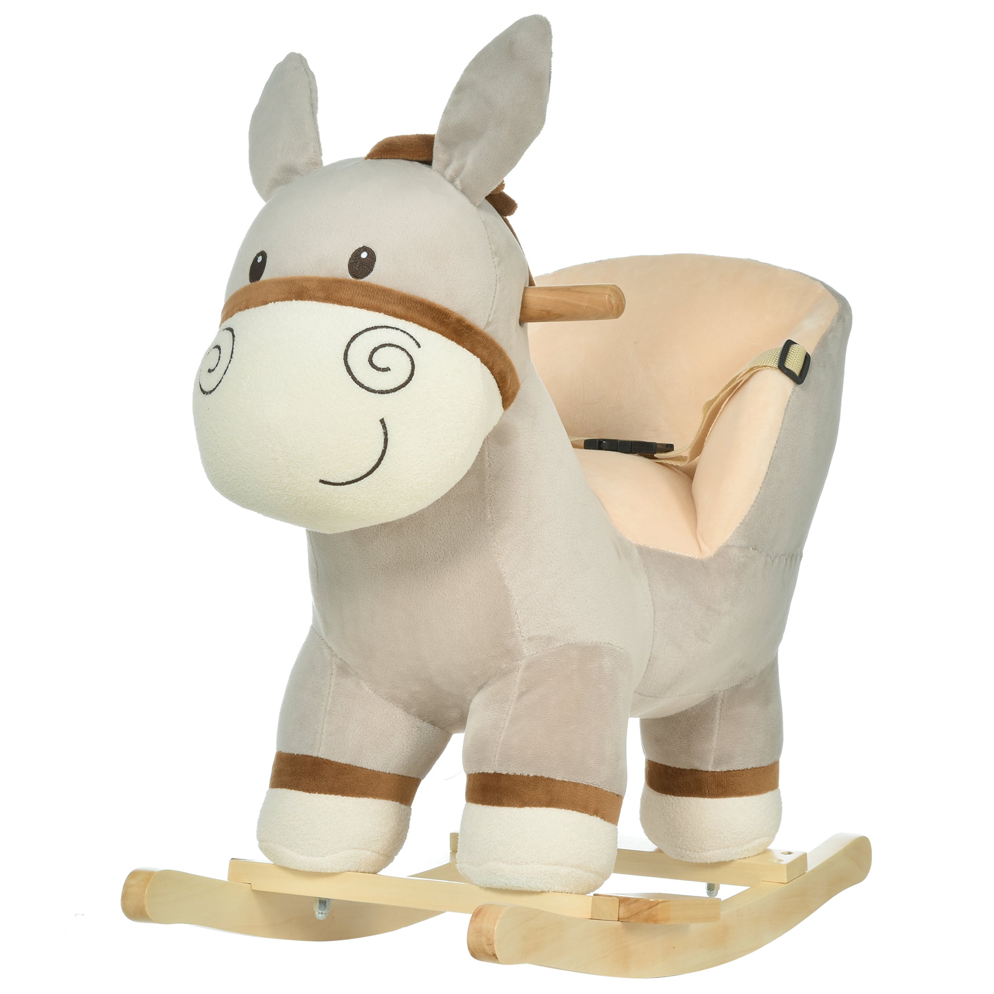 HOMCOM Kids Children Rocking Horse Plush Ride On Donkey Seat w/ Sound Wood Base Seat Safety Belt Toddler Baby Toy Rocker Grey 18 - 36 Months - North Peak Garden Furniture