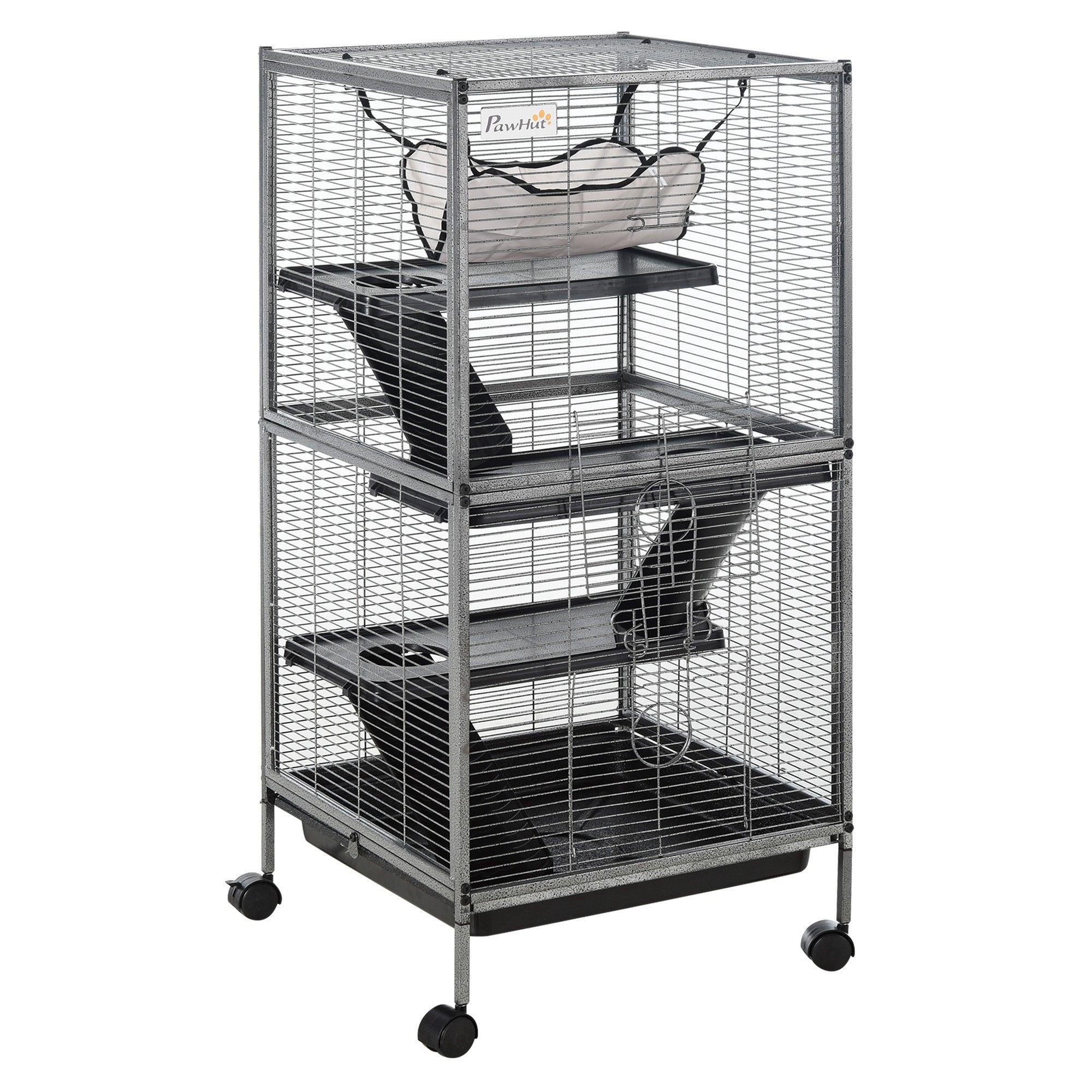 PawHut Small Animal Cage with Wheels Pet Home for Chinchillas Ferrets Kittens, with Hammock, 4 Platforms, Removable Tray, Silver - North Peak Garden Furniture