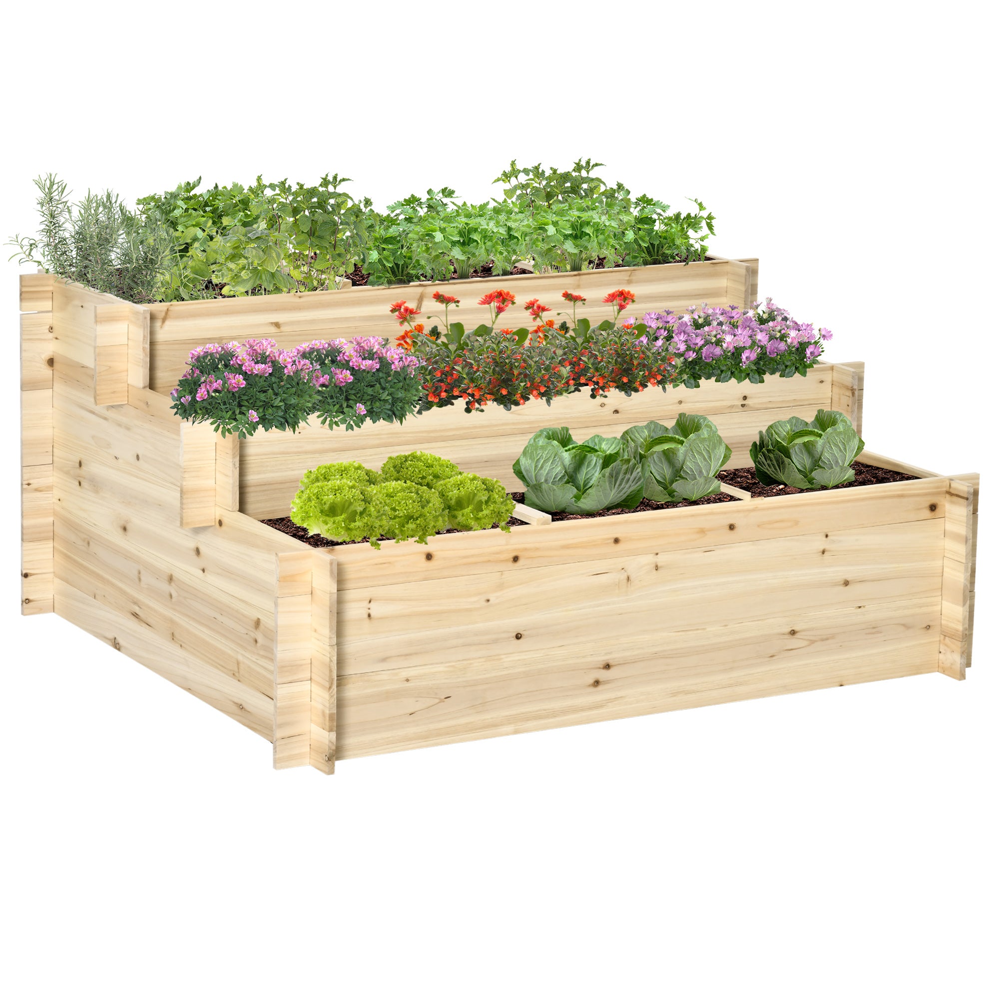 Outsunny 117cm x 100cm x 54cm 3 Tier Raised Garden Bed 376L Fir Wood Elevated Planter Flower Box with 9 Grow Grids and Non-woven Fabric for Vegetables, Flower, Herb Outdoor Indoor Use - North Peak Garden Furniture