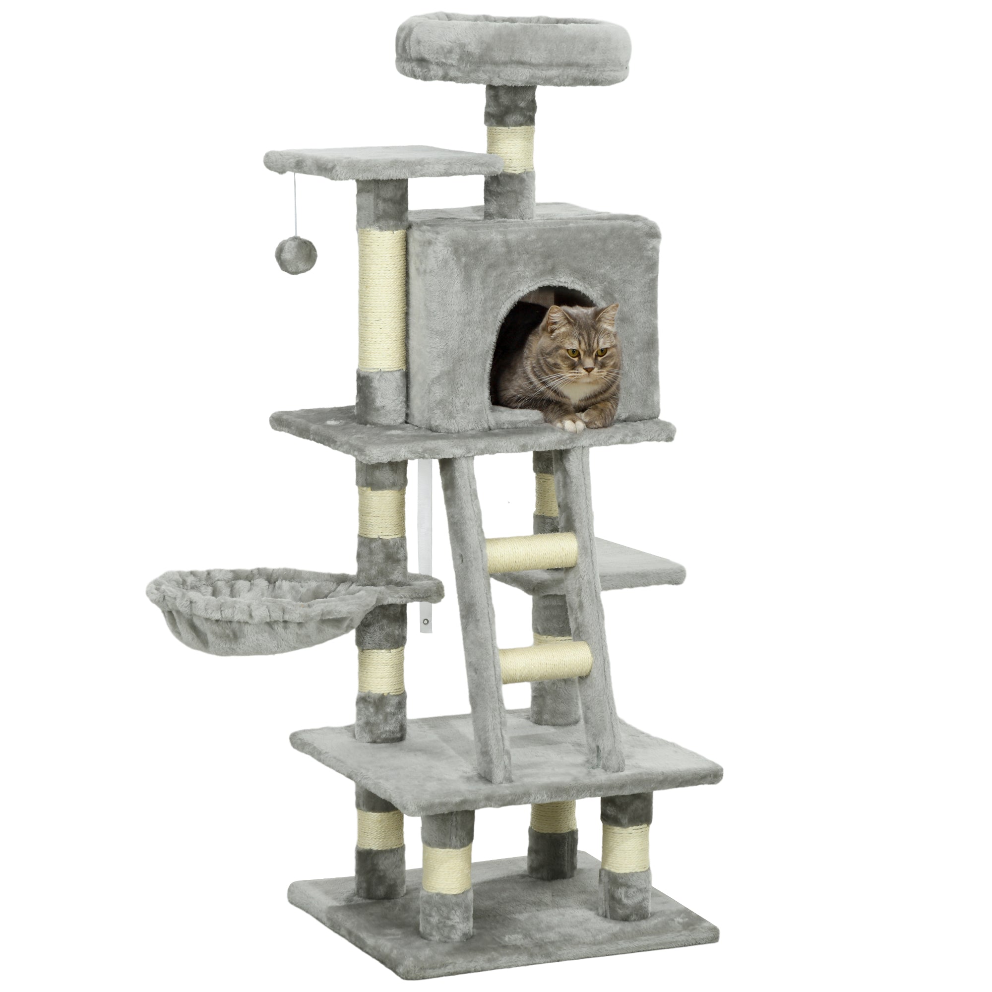 PawHut 132cm Cat Tree with Scratching Post, House, Hammock, Toy Balls - Grey - North Peak Garden Furniture
