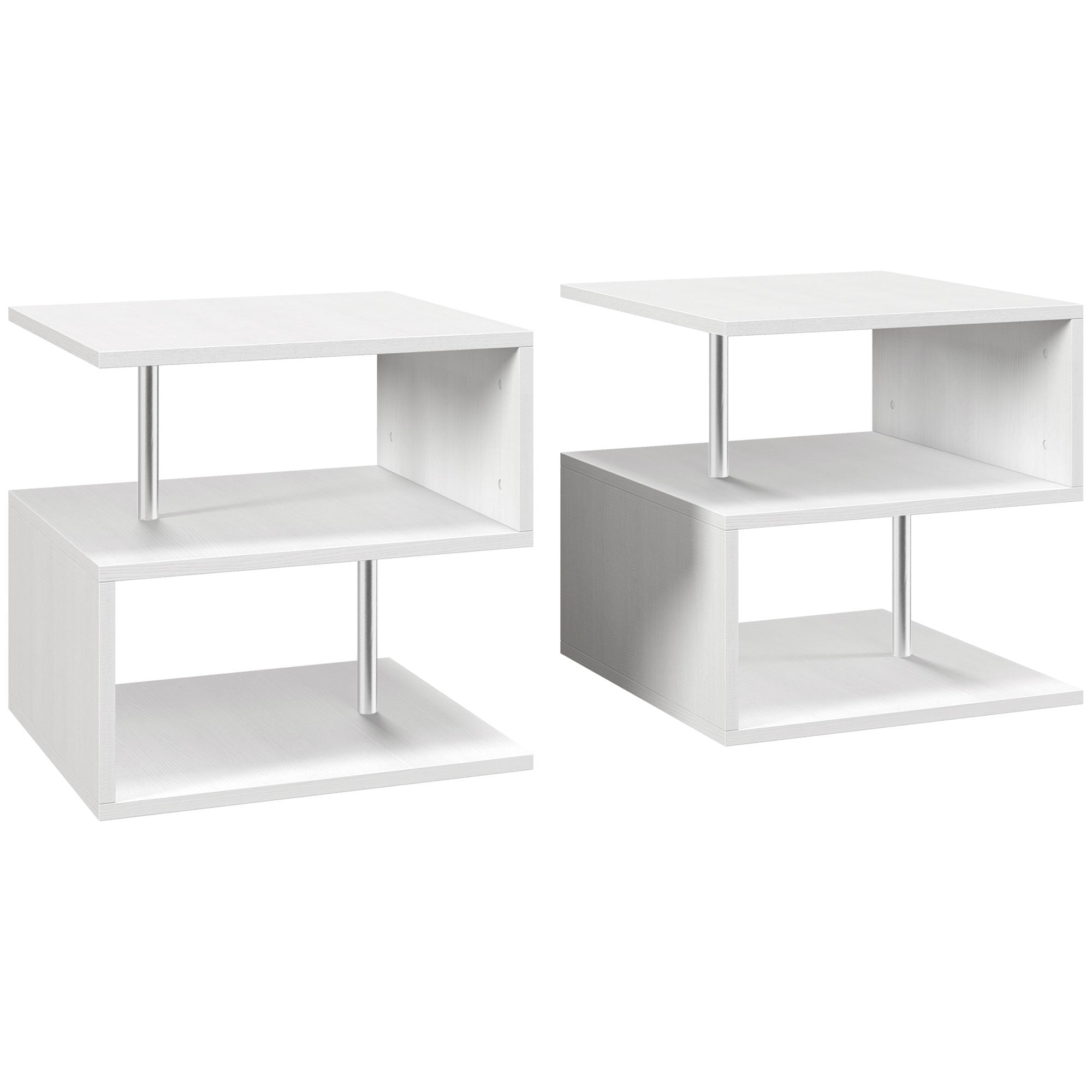HOMCOM Wooden S Shape Cube Coffee Table 2 Tier Storage Shelves Organizer Office Bookcase Living Room End Desk Stand Display Set of 2 (White) - North Peak Garden Furniture