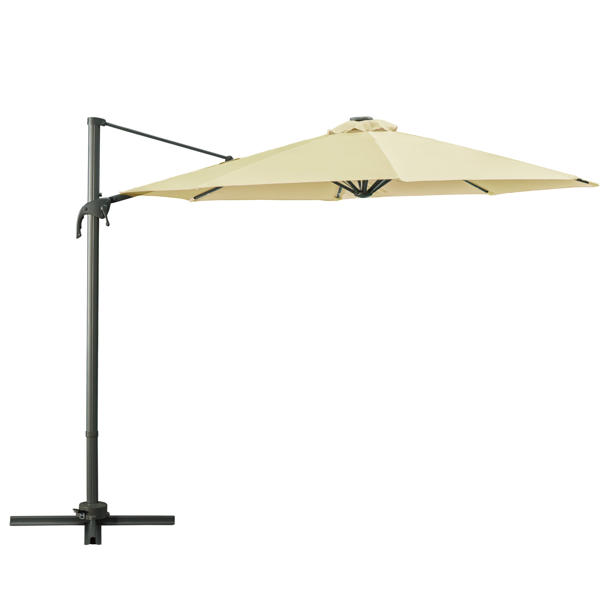 Outsunny 3(m) LED Cantilever Parasol Garden Sun Umbrella w/ Base and Solar Lights Beige - North Peak Garden Furniture