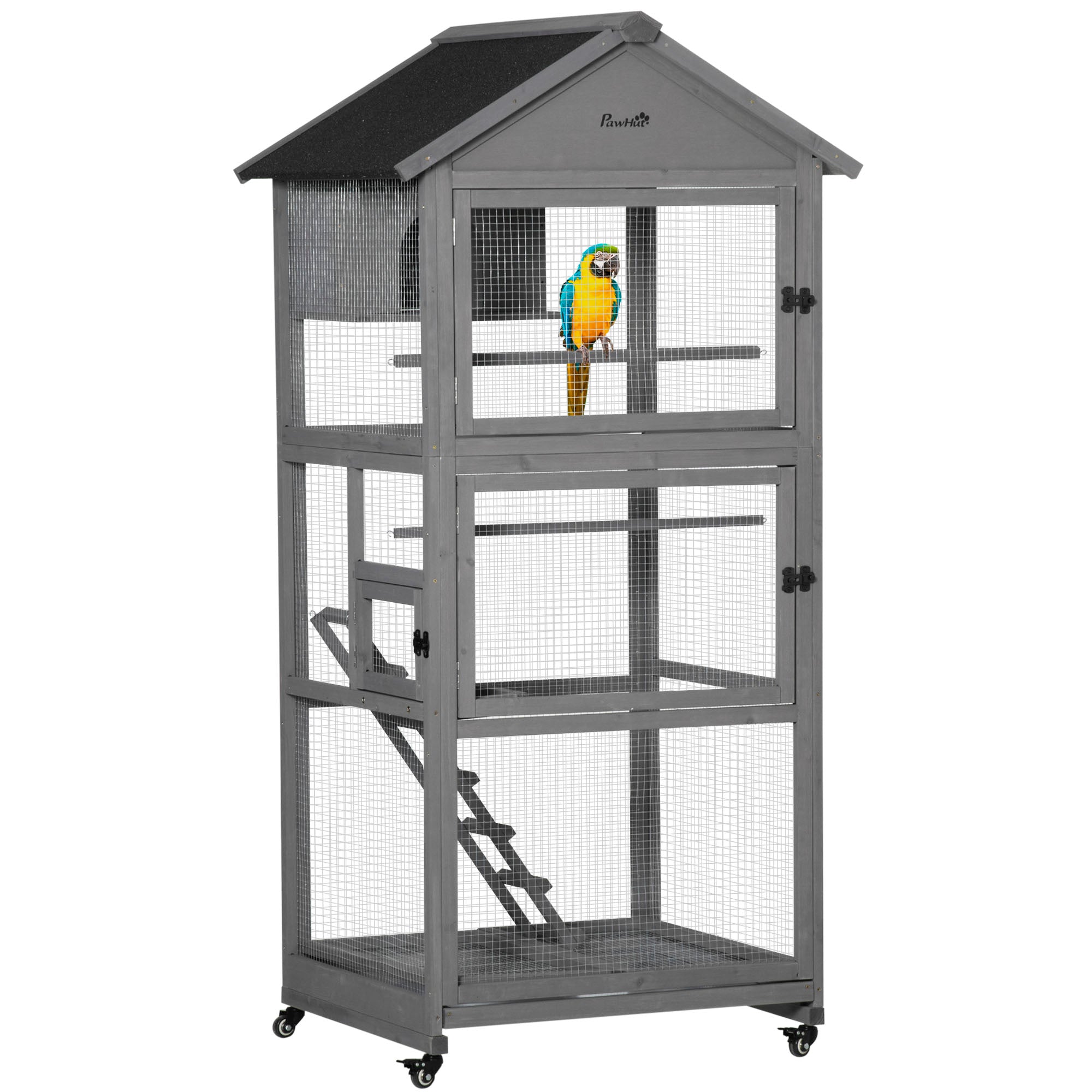 PawHut Bird Cage budgie cage Wooden Outdoor Aviary with Wheels for Canary Finch with Asphalt Roof Perch Nest Ladder Slide-out Tray, Grey - North Peak Garden Furniture