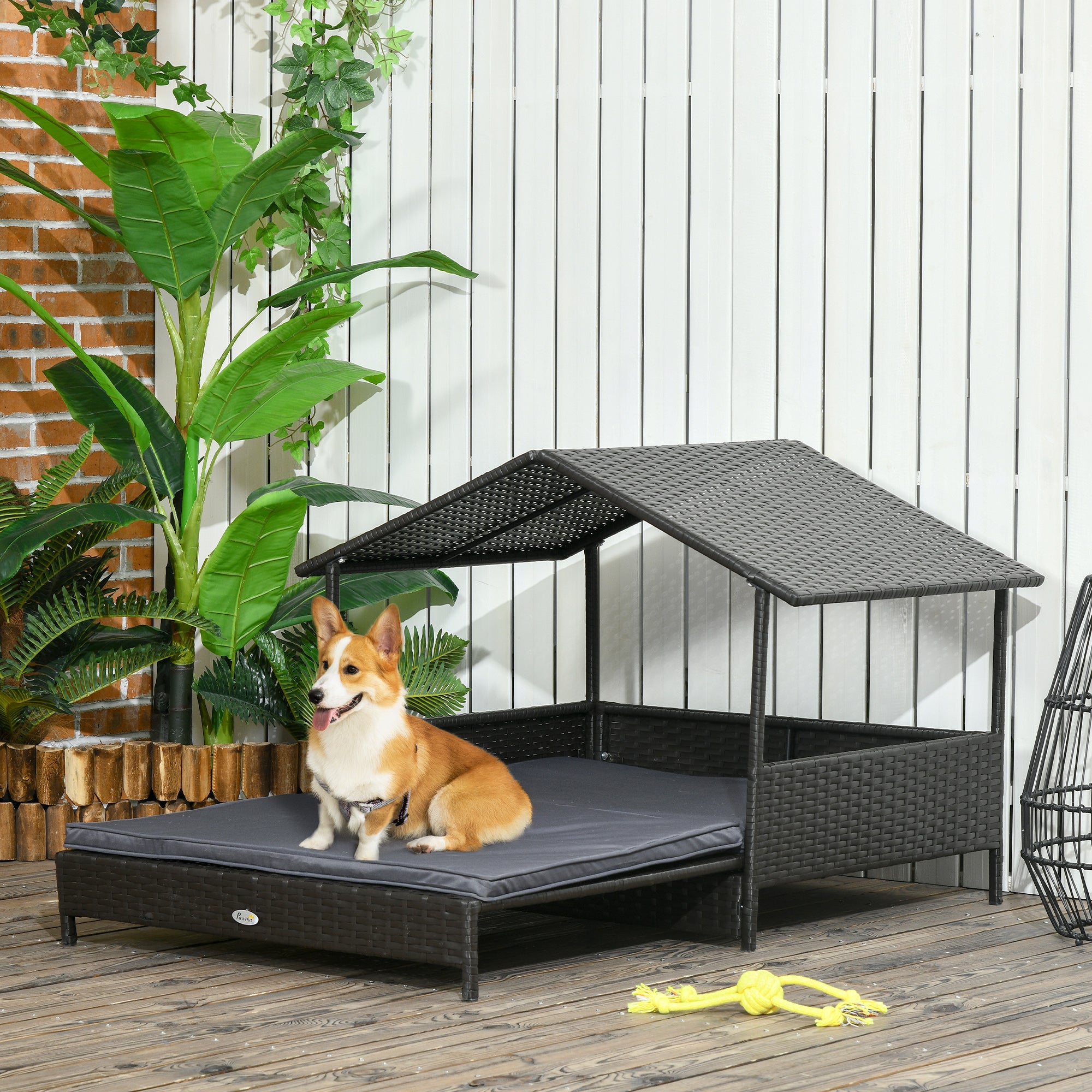 PawHut Extendable Elevated Dog Bed, Rattan Dog House w/ Water-Resistant Roof, Removable Cushion, for Small, Medium Dogs - Grey - North Peak Garden Furniture