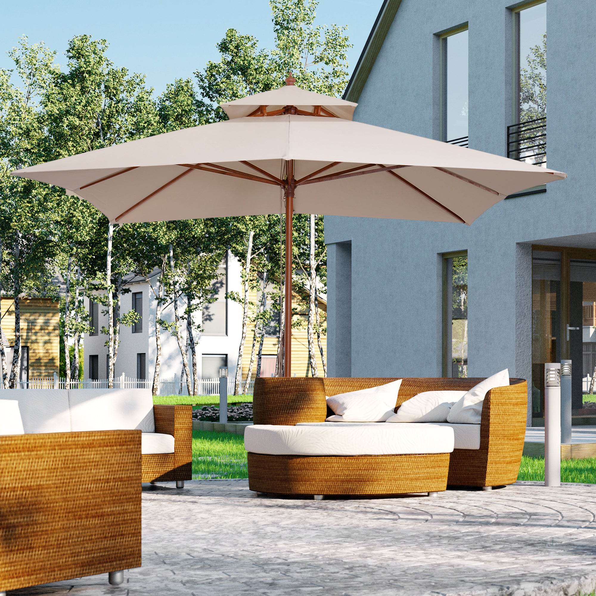Outsunny 3 x 3 metre Patio Parasol Garden Umbrellas Sunshade Outdoor Wooden Parasol Canopy Double Tier, Beige, BASE NOT INCLUDED - North Peak Garden Furniture