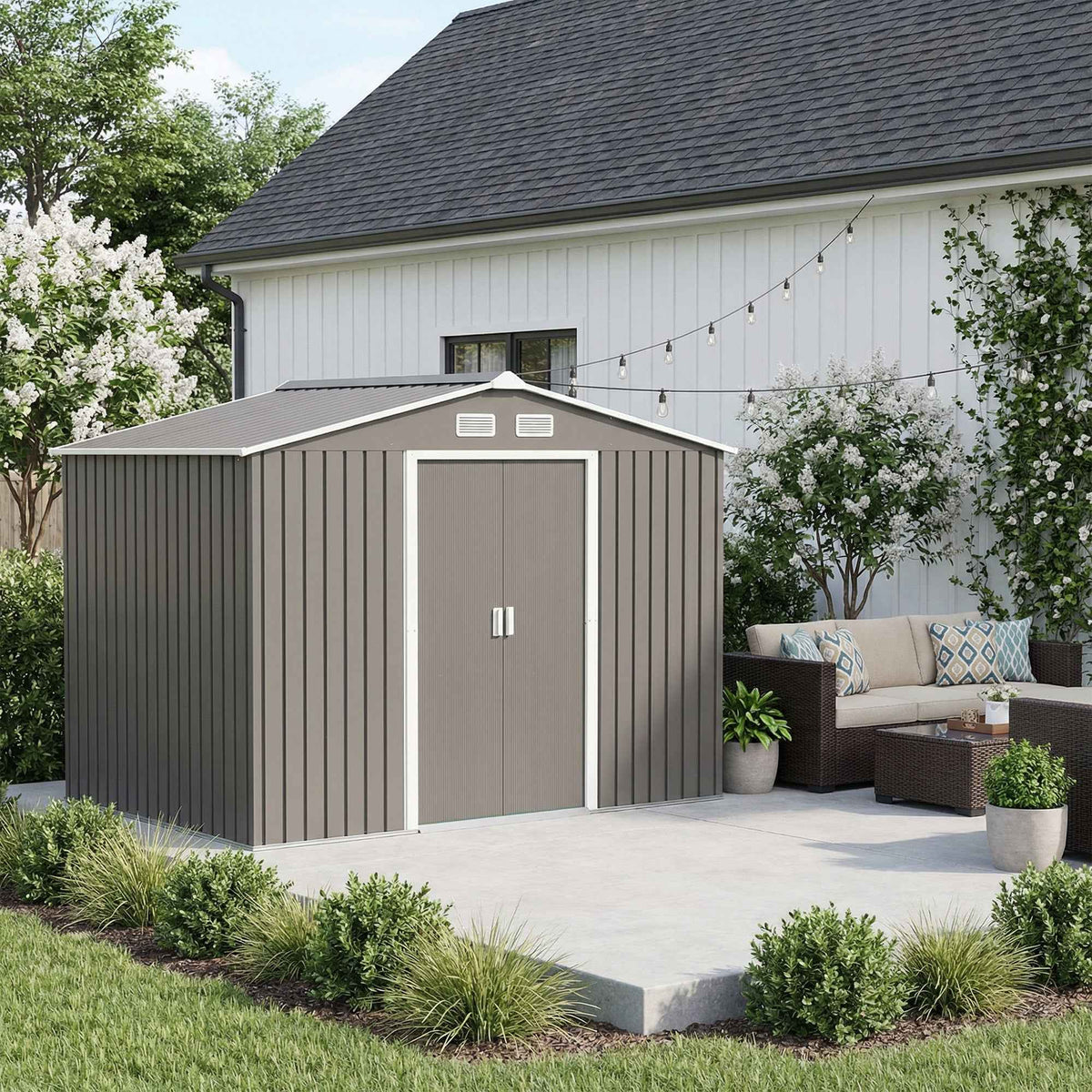Outsunny 9 x 6FT Outdoor Garden Roofed Metal Storage Shed Tool Box with Foundation Ventilation & Doors Light, Grey