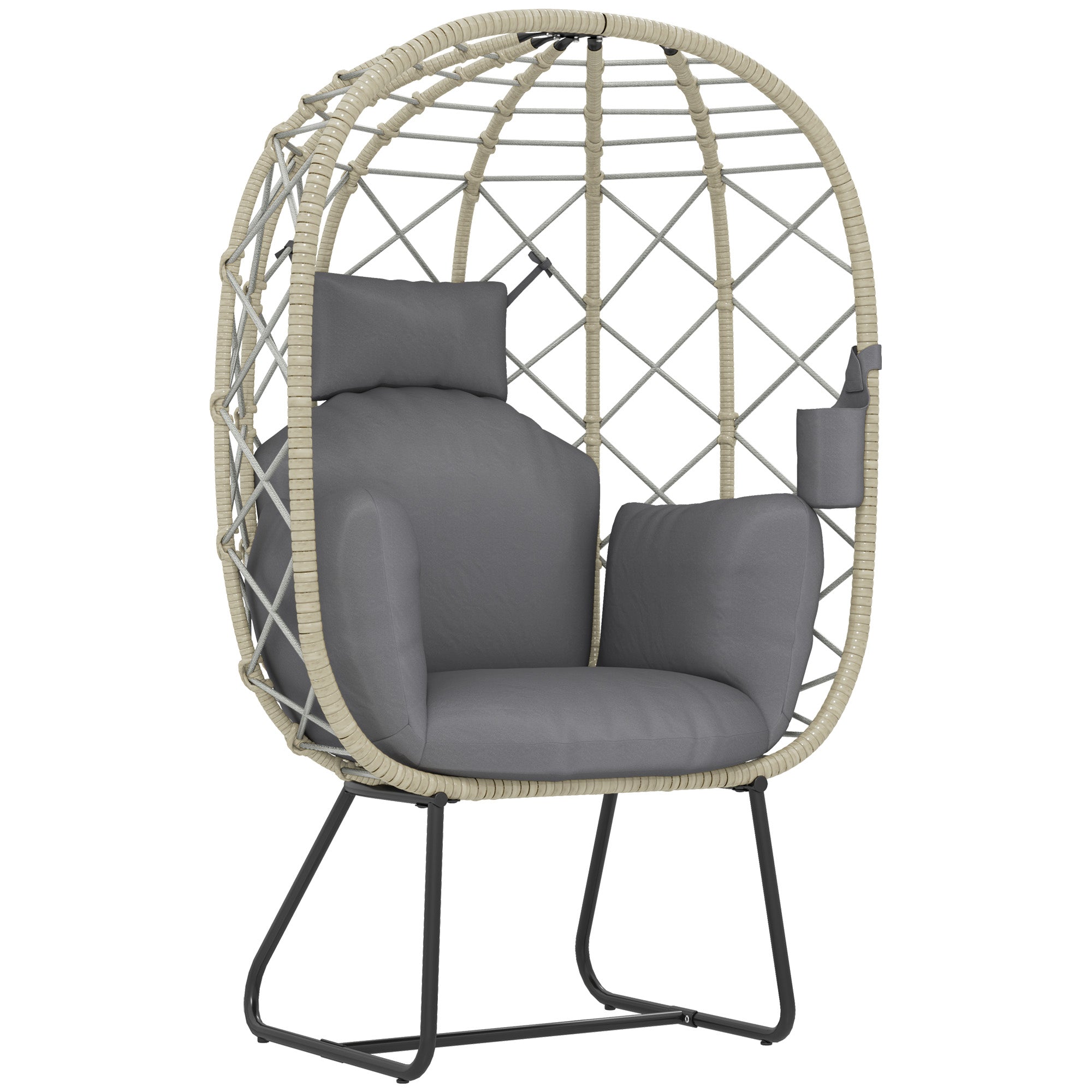 Outsunny Rattan Egg Chair Outdoor Indoor Wicker Chair with Thickened Cushion and Headrest, Standing Garden Egg Chair with Cup Holder, Metal Frame for Patio, Balcony, Grey - North Peak Garden Furniture