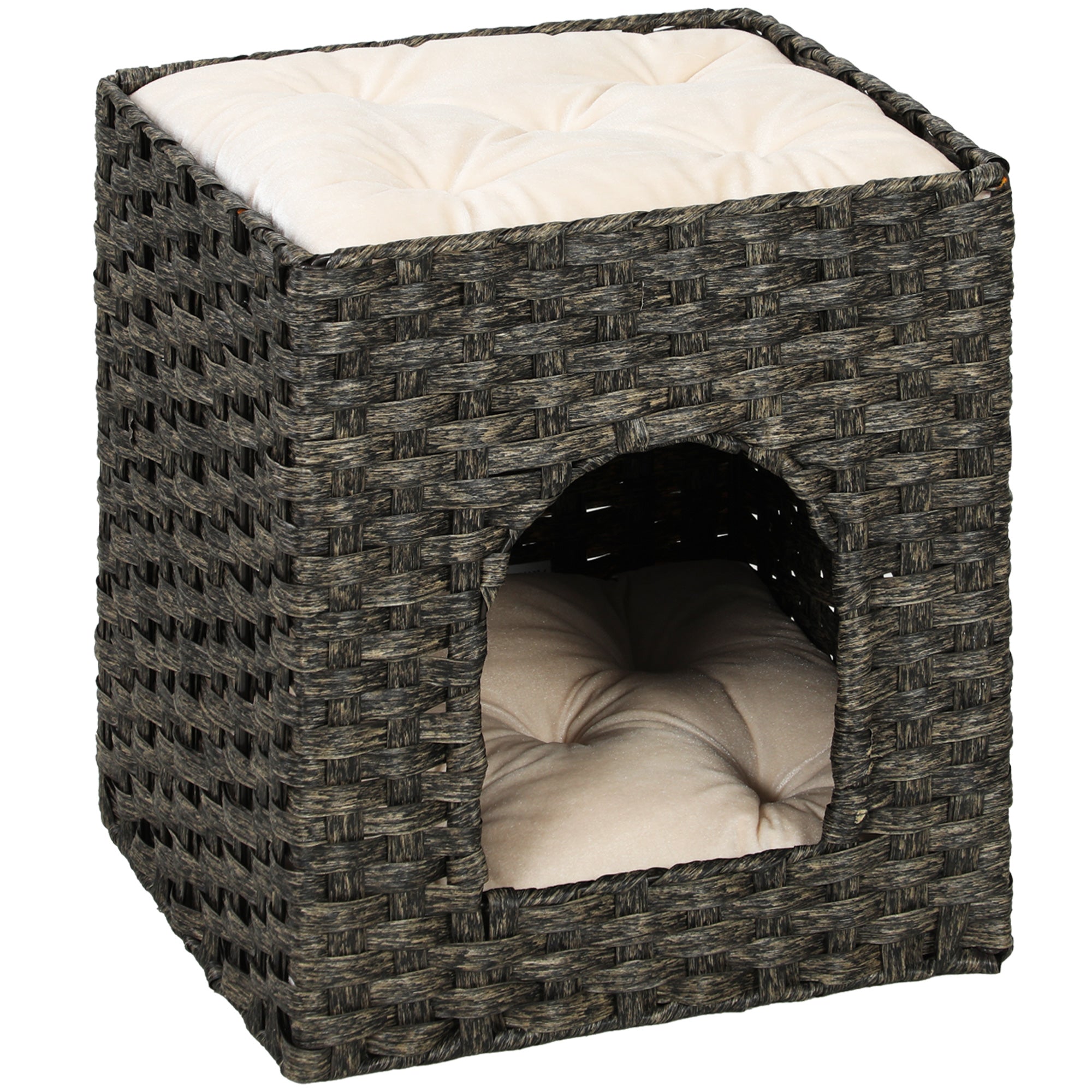 PawHut 2-Tier Wicker Cat House, Handwoven Rattan Cat Bed with Washable Cushions, Indoor Kitten Condo Hideaway