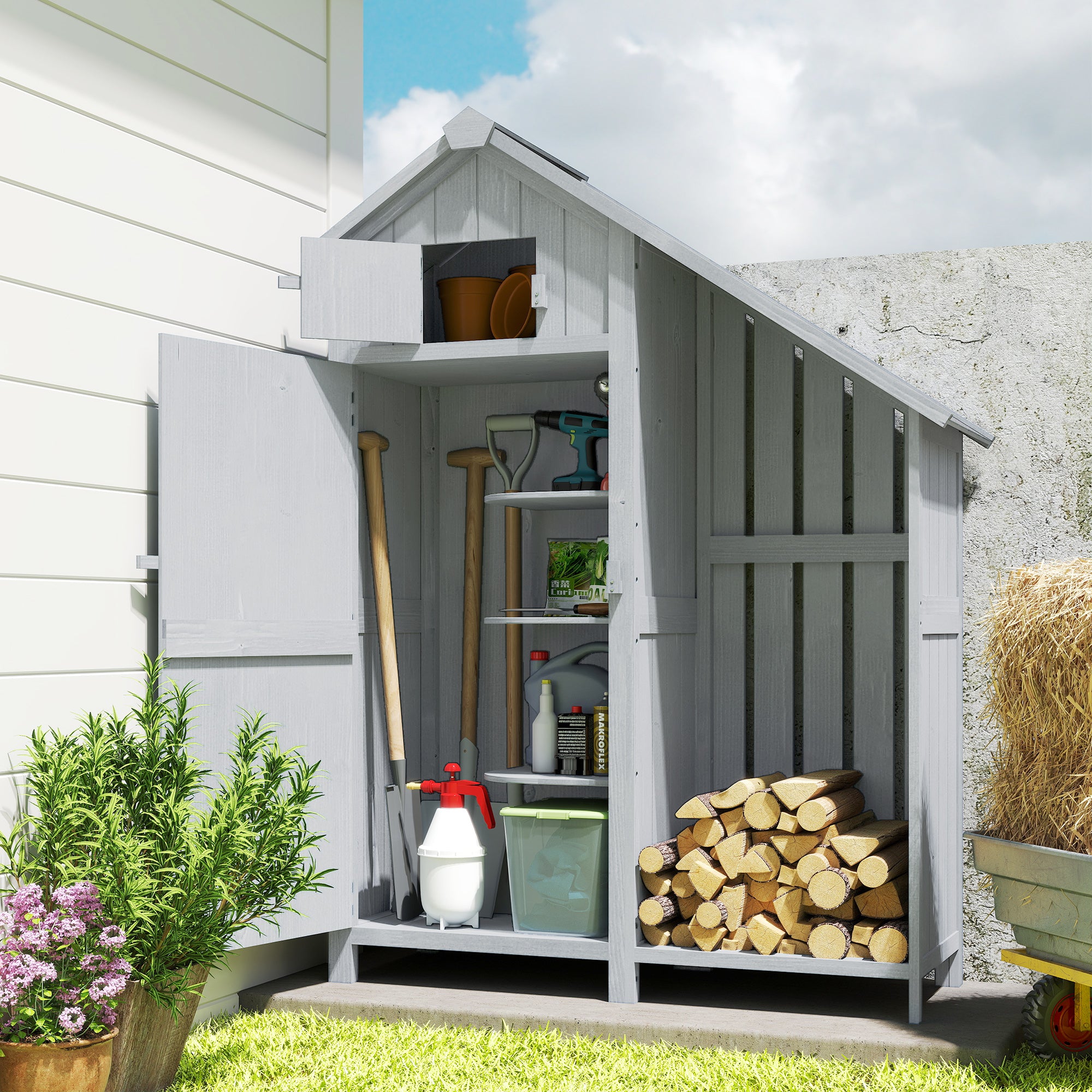 Outsunny Garden Outdoor Storage Shed 3 Shelves Tilt Roof w/ Firewood Rack Log Carrier, 129L x 51.5W x 180H cm