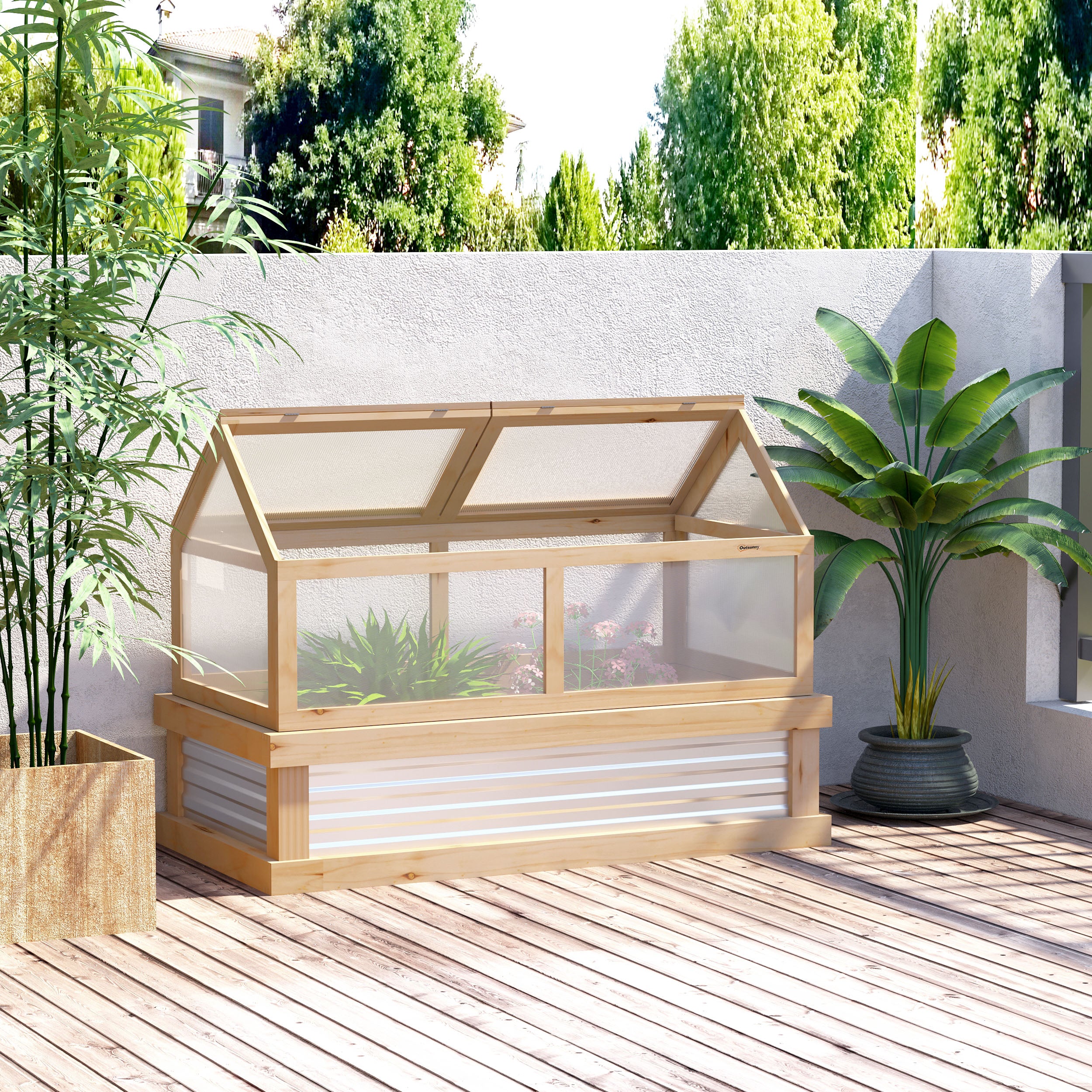 Outsunny Raised Garden Bed with Greenhouse Top, Garden Wooden Cold Frame Greenhouse Flower Planter Protection with 2 Independent Roofs, 122x 61 x 82cm, Natural - North Peak Garden Furniture