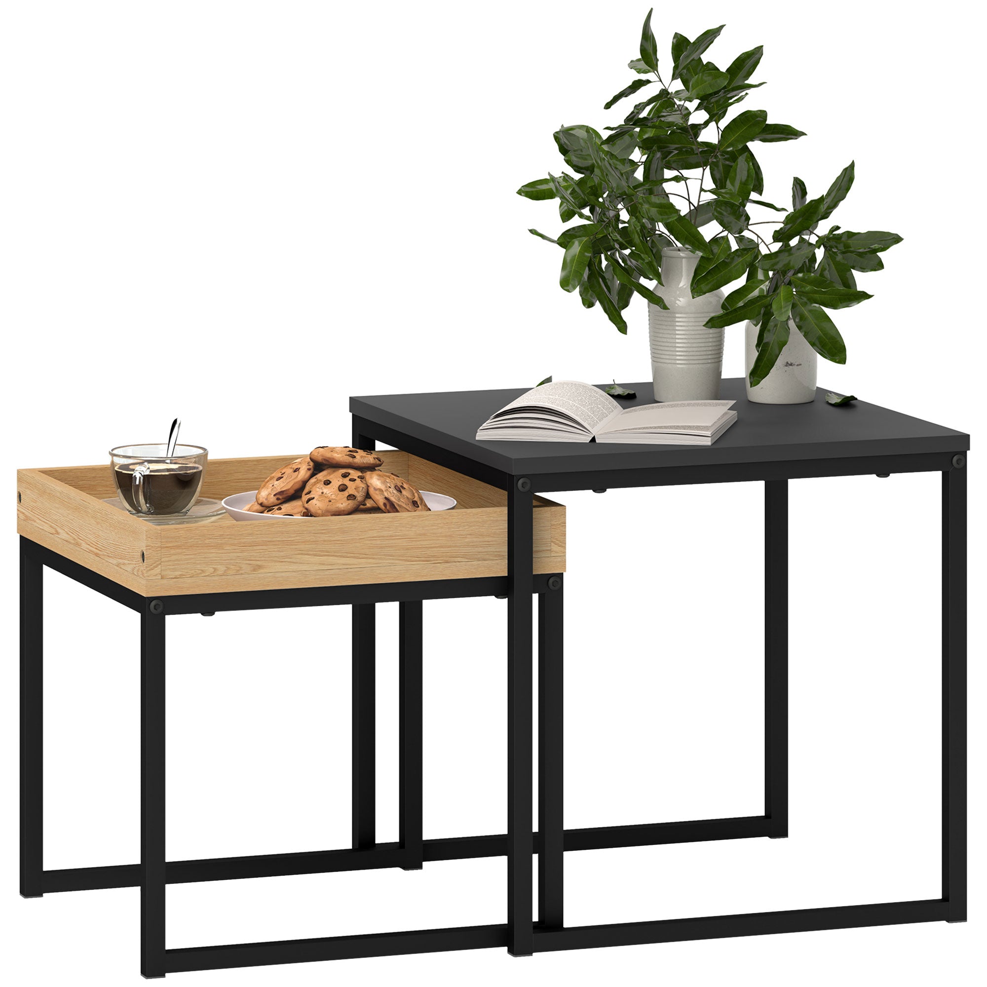 HOMCOM Set of Two Boxy Nesting Tables - Black/Wood-Effect - North Peak Garden Furniture