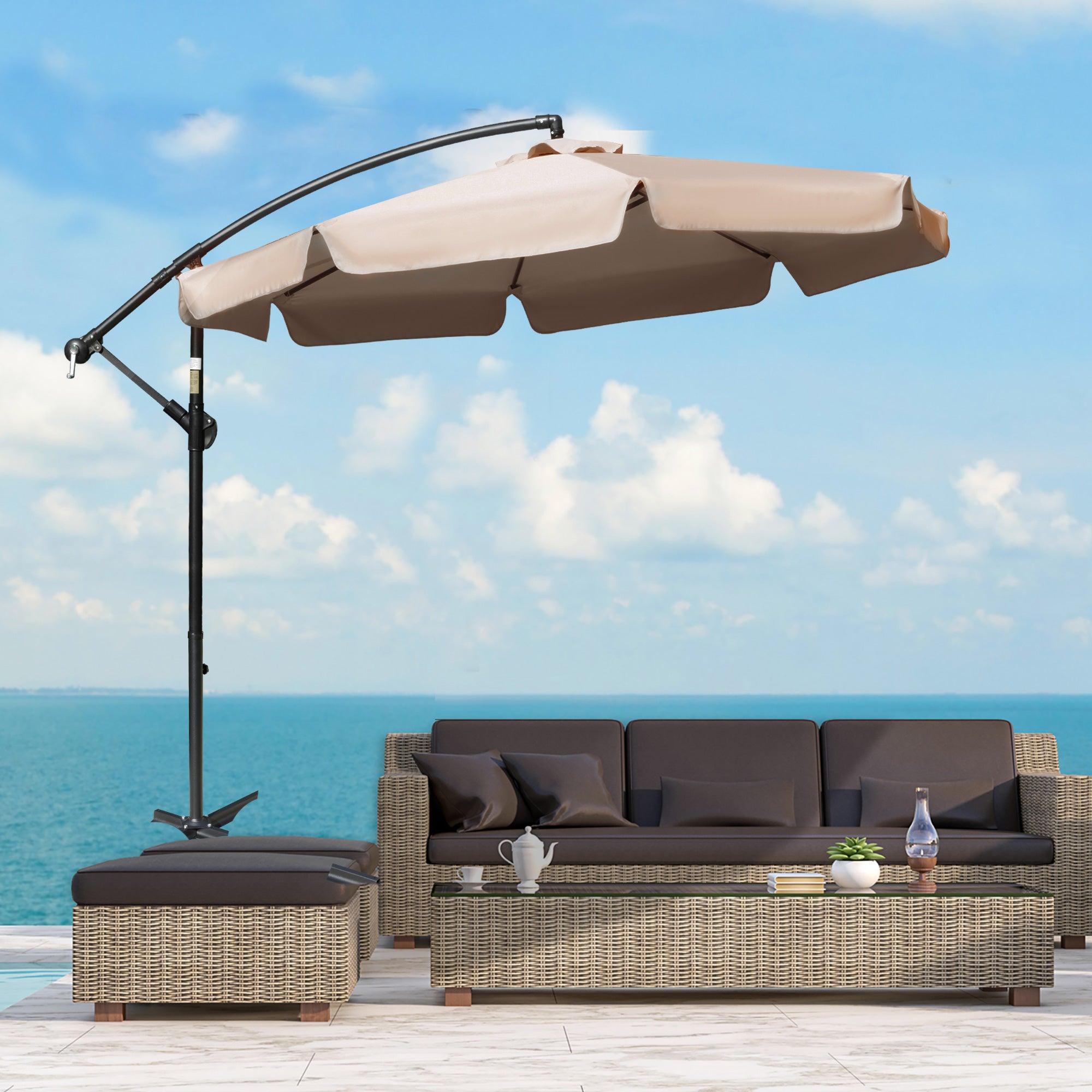 Outsunny 2.7m Cantilever Parasol Banana Sun Umbrella with Crank Handle and Cross Base for Outdoor Hanging Sun Shade Light Brown - North Peak Garden Furniture