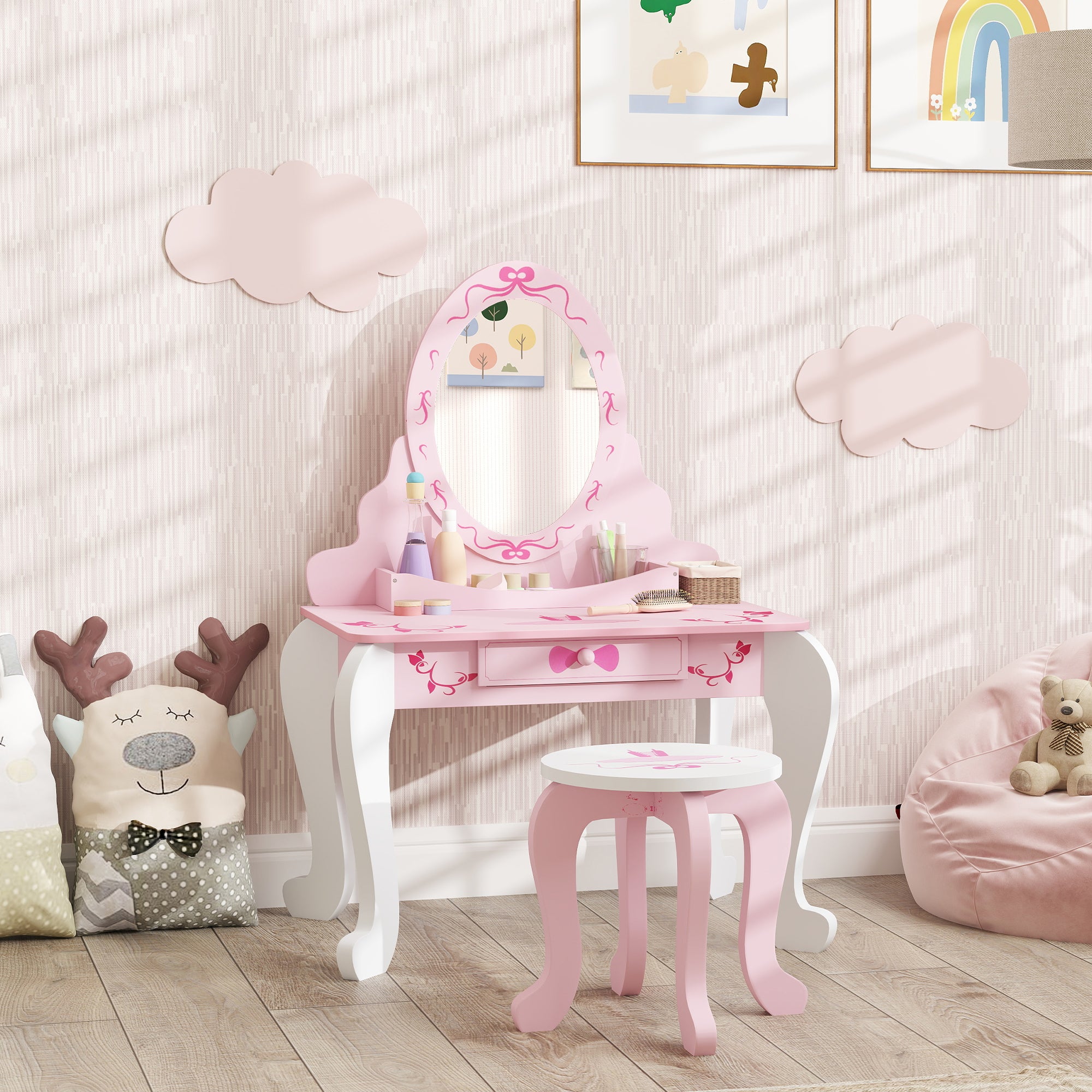 AIYAPLAY Kids Dressing Table Set, Vanity Table with Stool, Mirror, Drawer, Desktop Storage, Ballet Theme, Pink - North Peak Garden Furniture