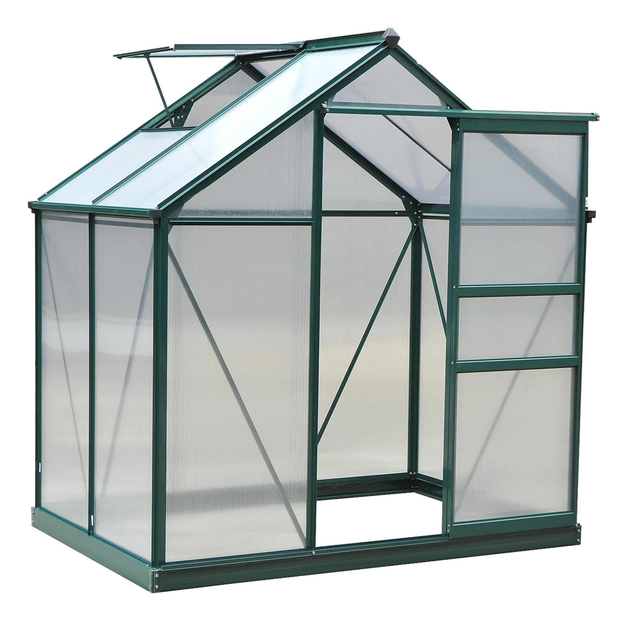 Outsunny 6 x 4ft Polycarbonate Greenhouse, Large Walk-In Green House with Slide Door and Window, Garden Plants Grow House with Aluminium Frame and Foundation, Dark Green - North Peak Garden Furniture