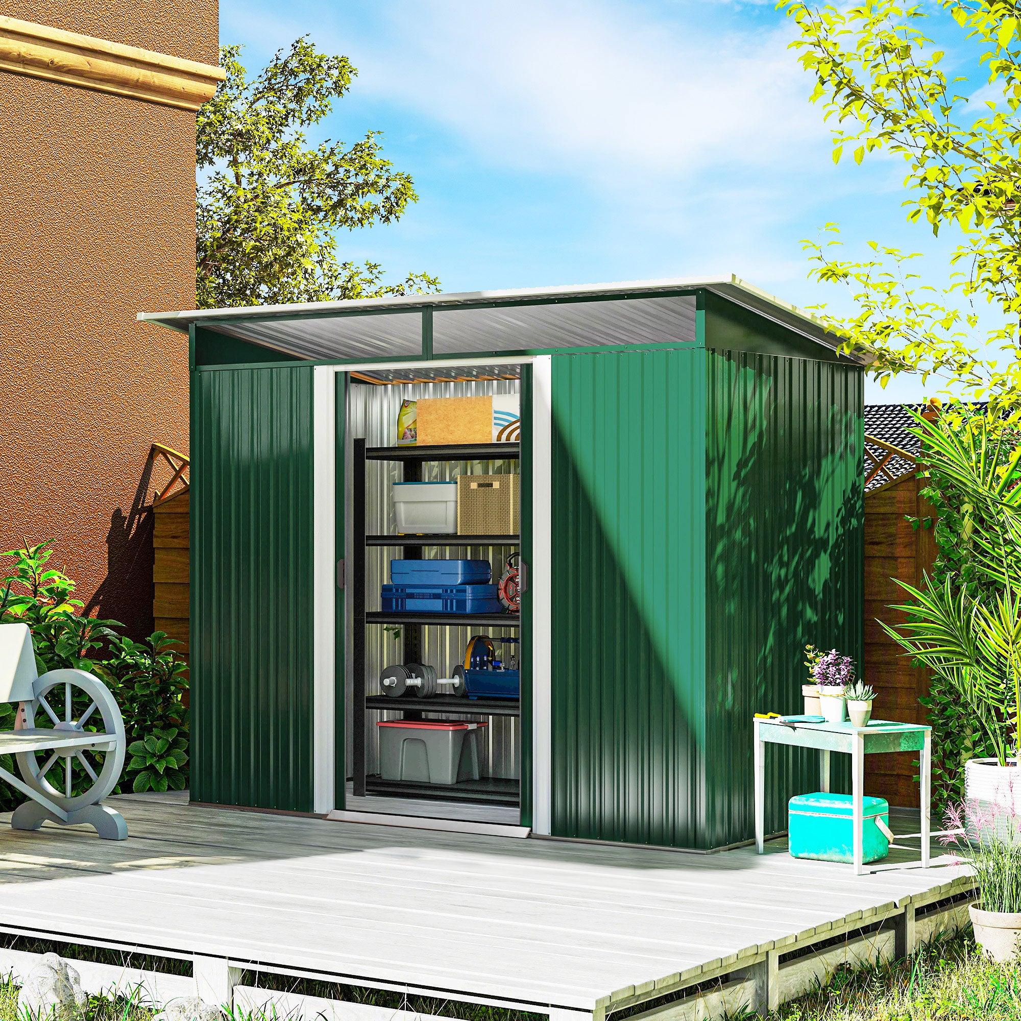Outsunny Metal Garden Storage Shed, Tool Storage House with Double Sliding Doors and Lightsky Panels, 8.5 x 4ft