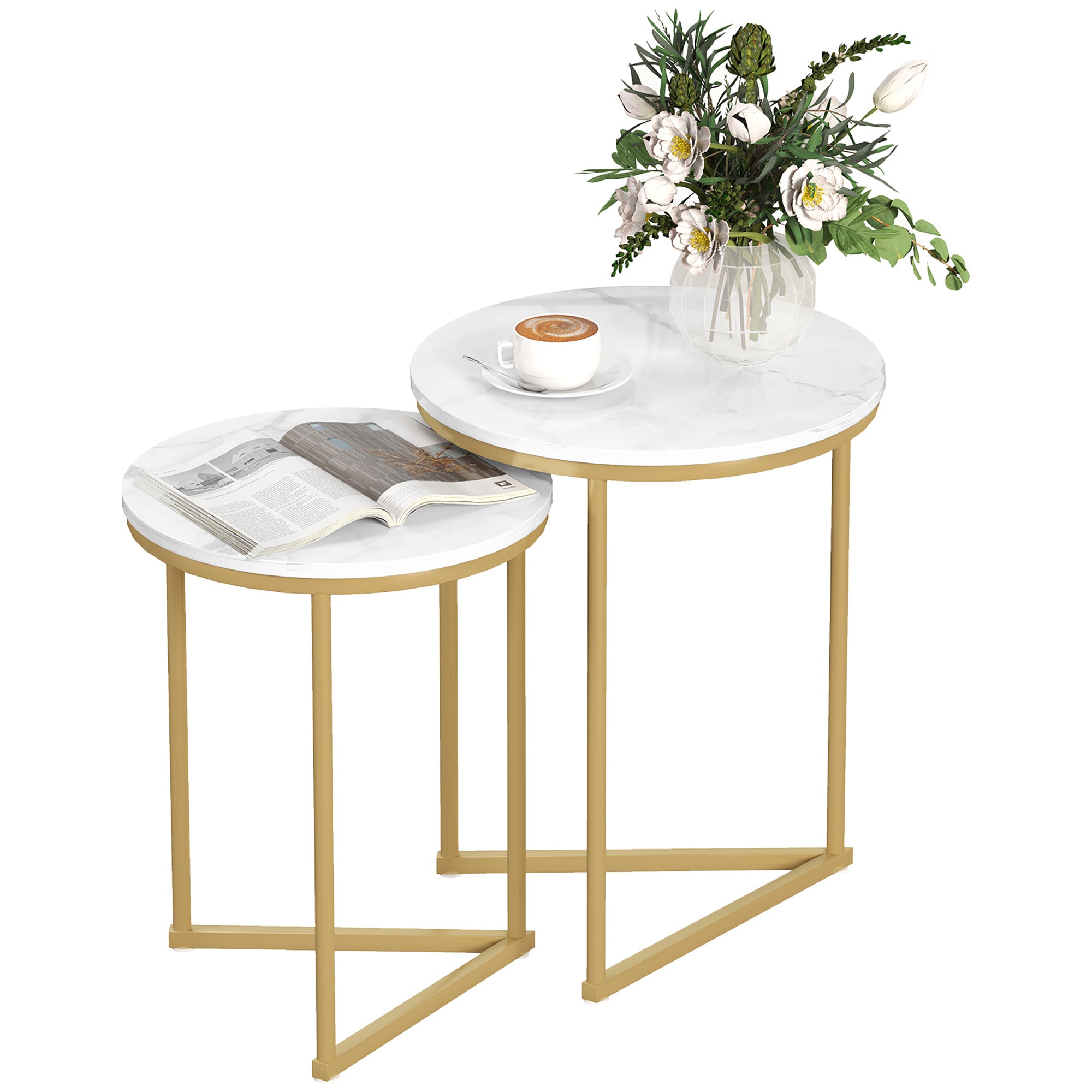 HOMCOM Set of Two Marble-Effect Nest of Tables - White/Gold-Tone - North Peak Garden Furniture