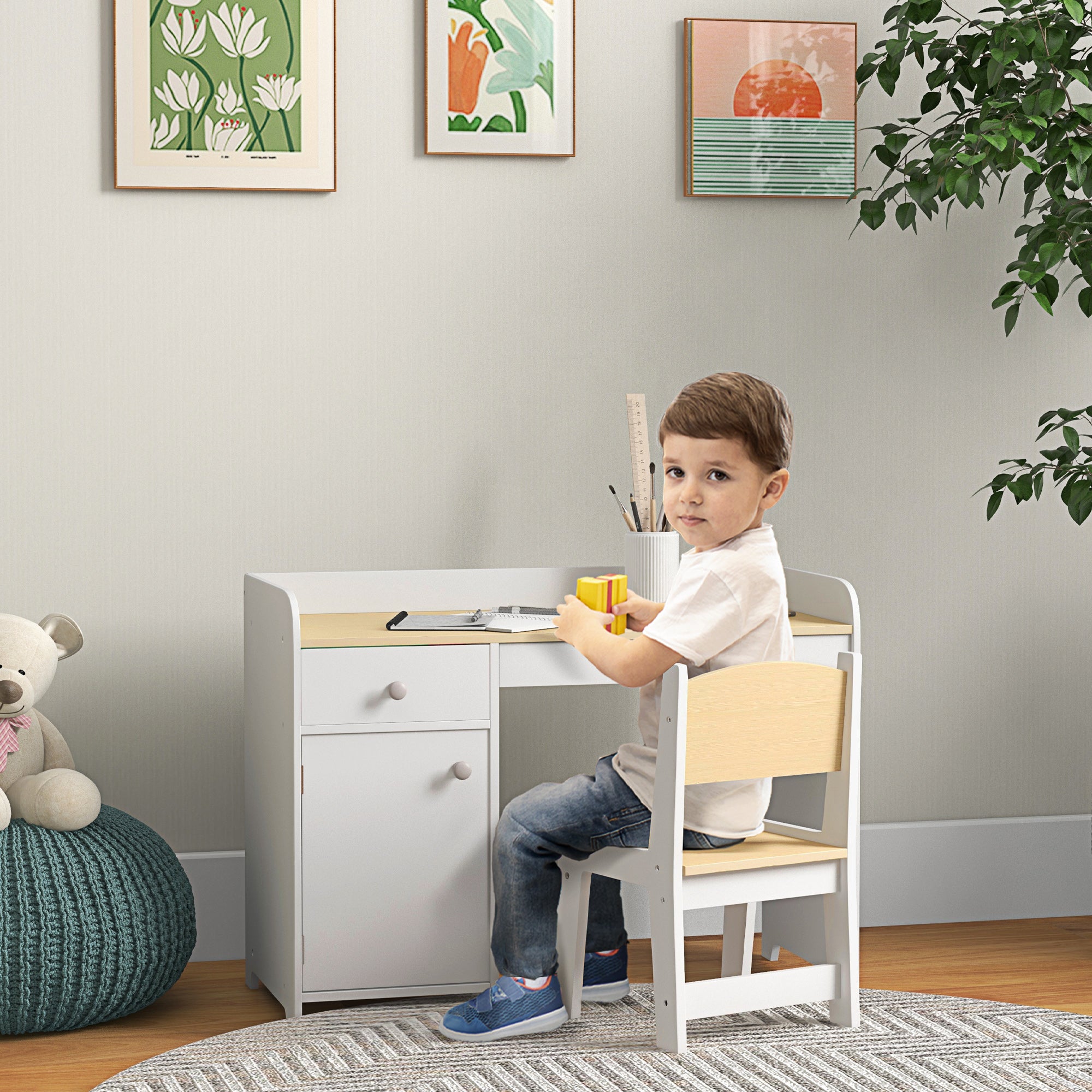ZONEKIZ Kids Desk and Chair Set for 3-6 Years with Storage Drawer, Study Table and Chair for Children - White - North Peak Garden Furniture