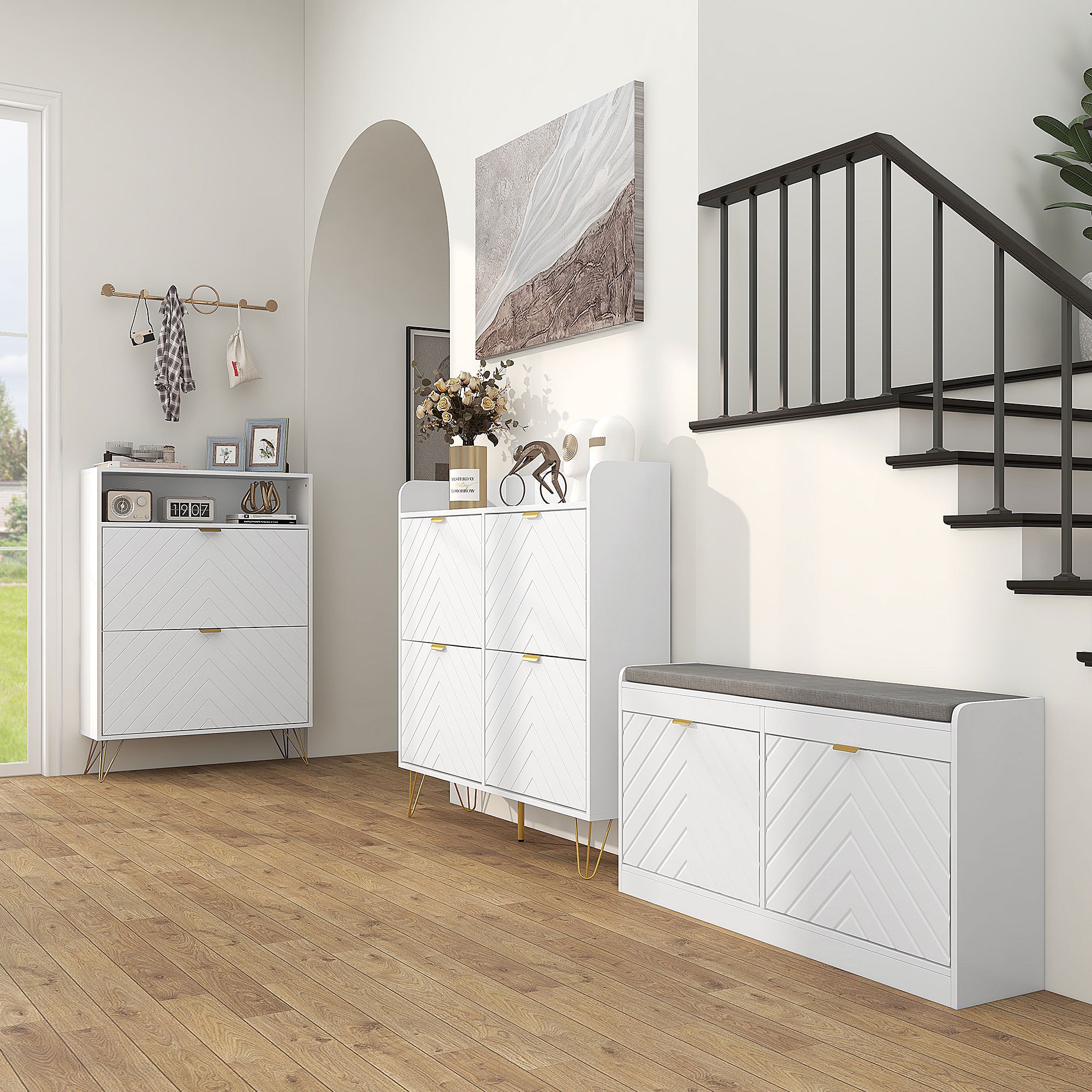 HOMCOM 12 Shoe Storage Cabinet, with Chevron Indents and Gold Tone Accents - White - North Peak Garden Furniture
