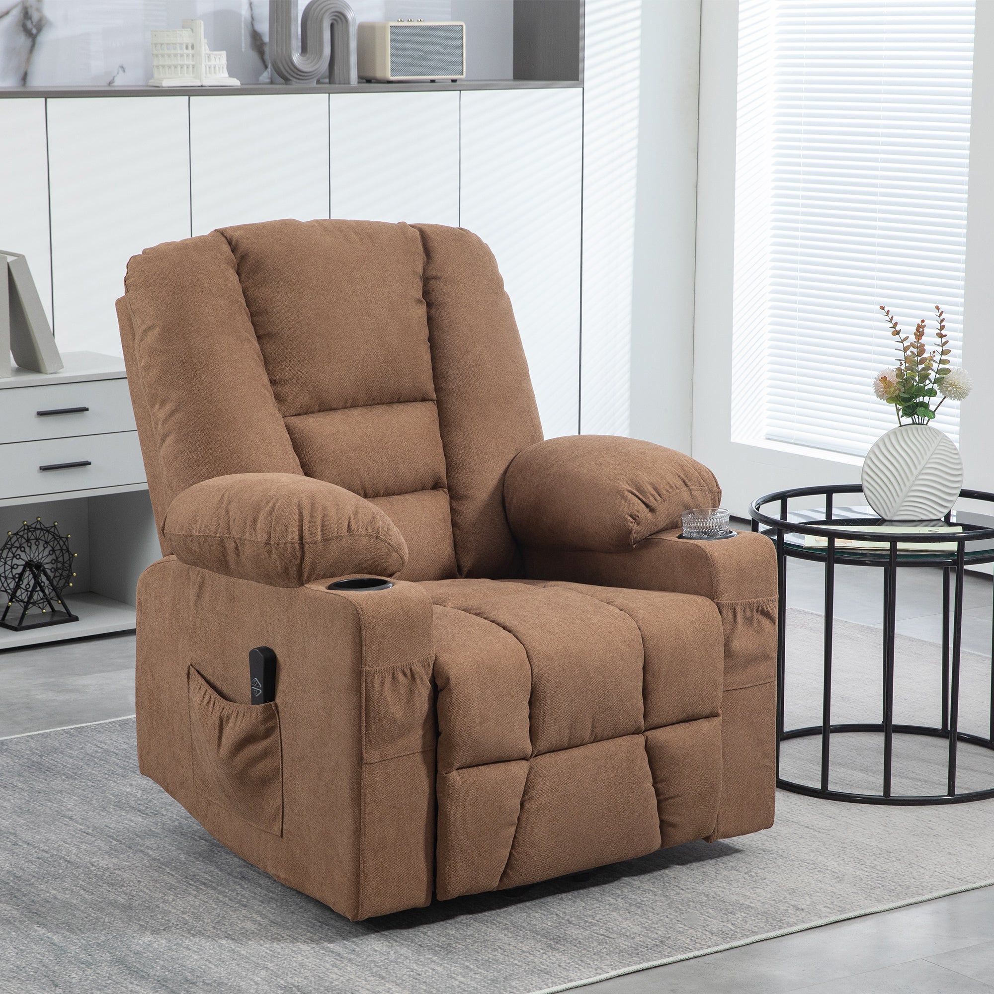 HOMCOM Oversized Riser and Recliner Chairs for the Elderly, Fabric Upholstered Lift Chair for Living Room with Remote Control, Side Pockets, Cup Holder, Brown - North Peak Garden Furniture