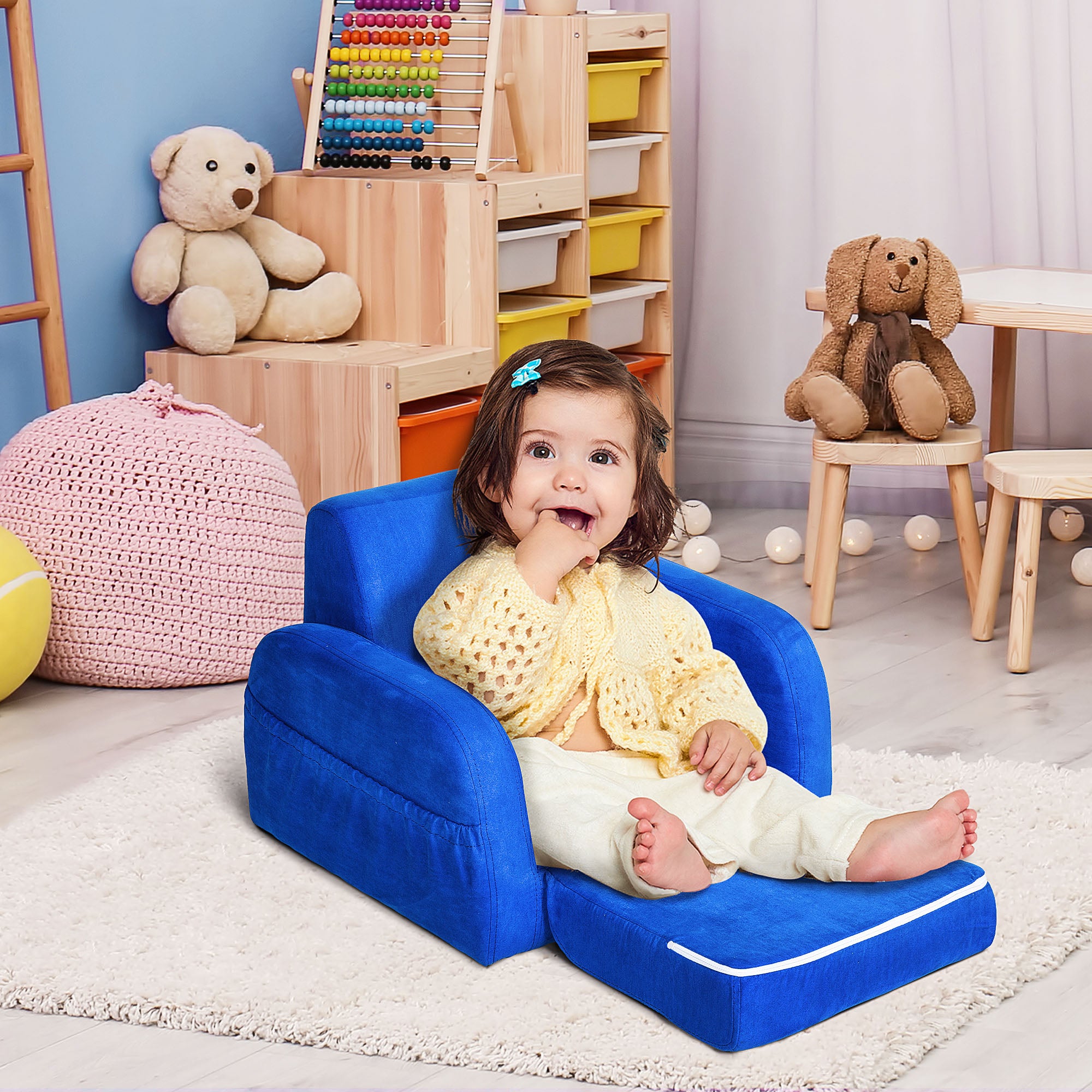 HOMCOM 2 In 1 Kids Armchair Sofa Bed Fold Out Padded Wood Frame Bedroom Blue - North Peak Garden Furniture