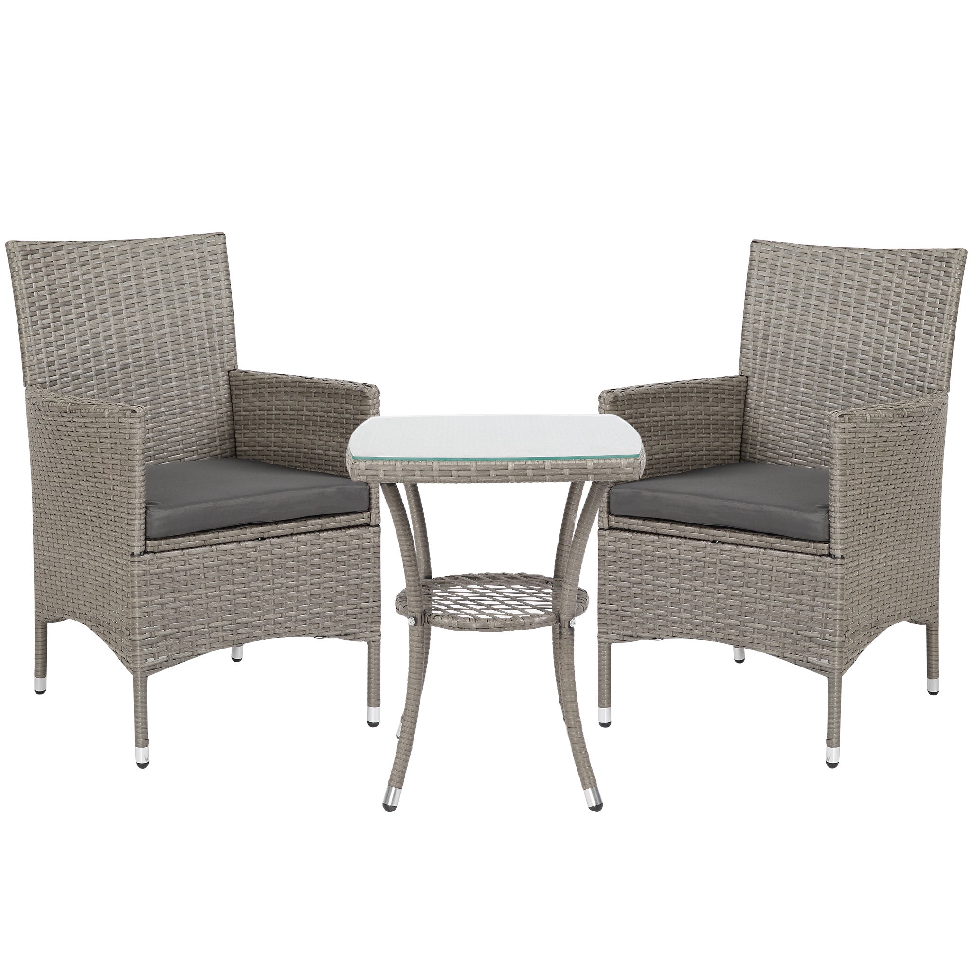 Outsunny 3 Pieces Rattan Bistro Set, Wicker Garden Furniture Set with 2-Tier Coffee Table and Chairs, Washable Cushions, for Outdoor Patio Balcony, Grey - North Peak Garden Furniture