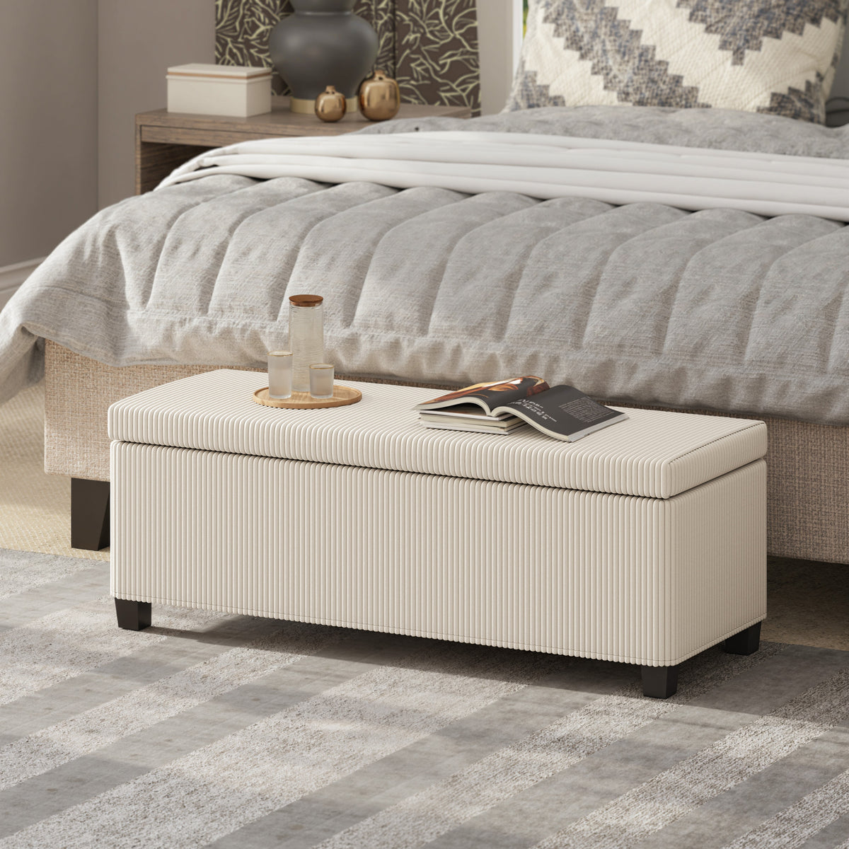 HOMCOM Storage Ottoman Bench, Corduroy Storage Chest Box with Wooden Legs, 112cm Bed End Bench for Living Room, Bedroom, Entryway, Hallway, Beige