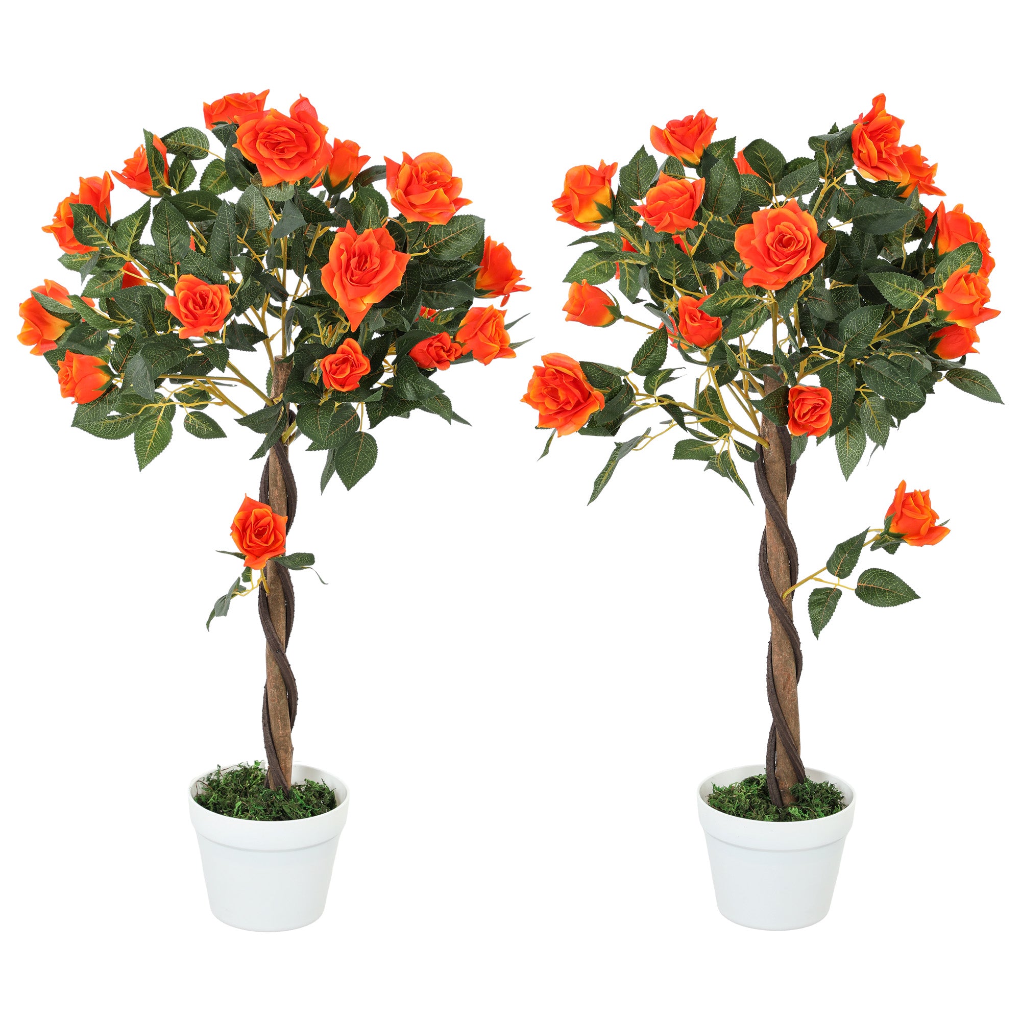 Outsunny Set of 2 Artificial Plants White Rose Floral in Pot, Fake Plants for Home Indoor Outdoor Decor, 90cm, Orange - North Peak Garden Furniture