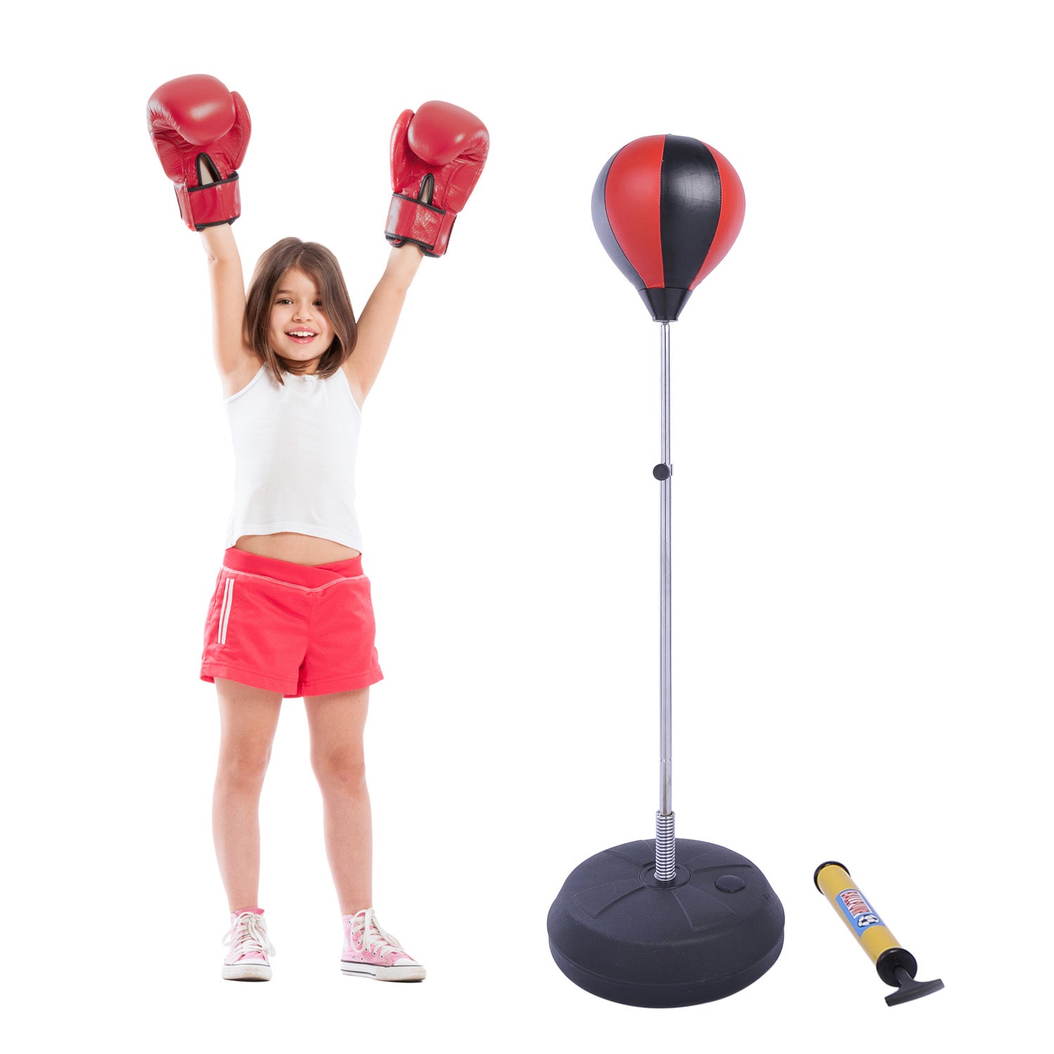 HOMCOM Kids Training Boxing Punch Ball Set 125-145H x Φ43cm with Gloves Air Pump Adjustable Height Freestanding Exercise Training for Kids and Teenagers - North Peak Garden Furniture