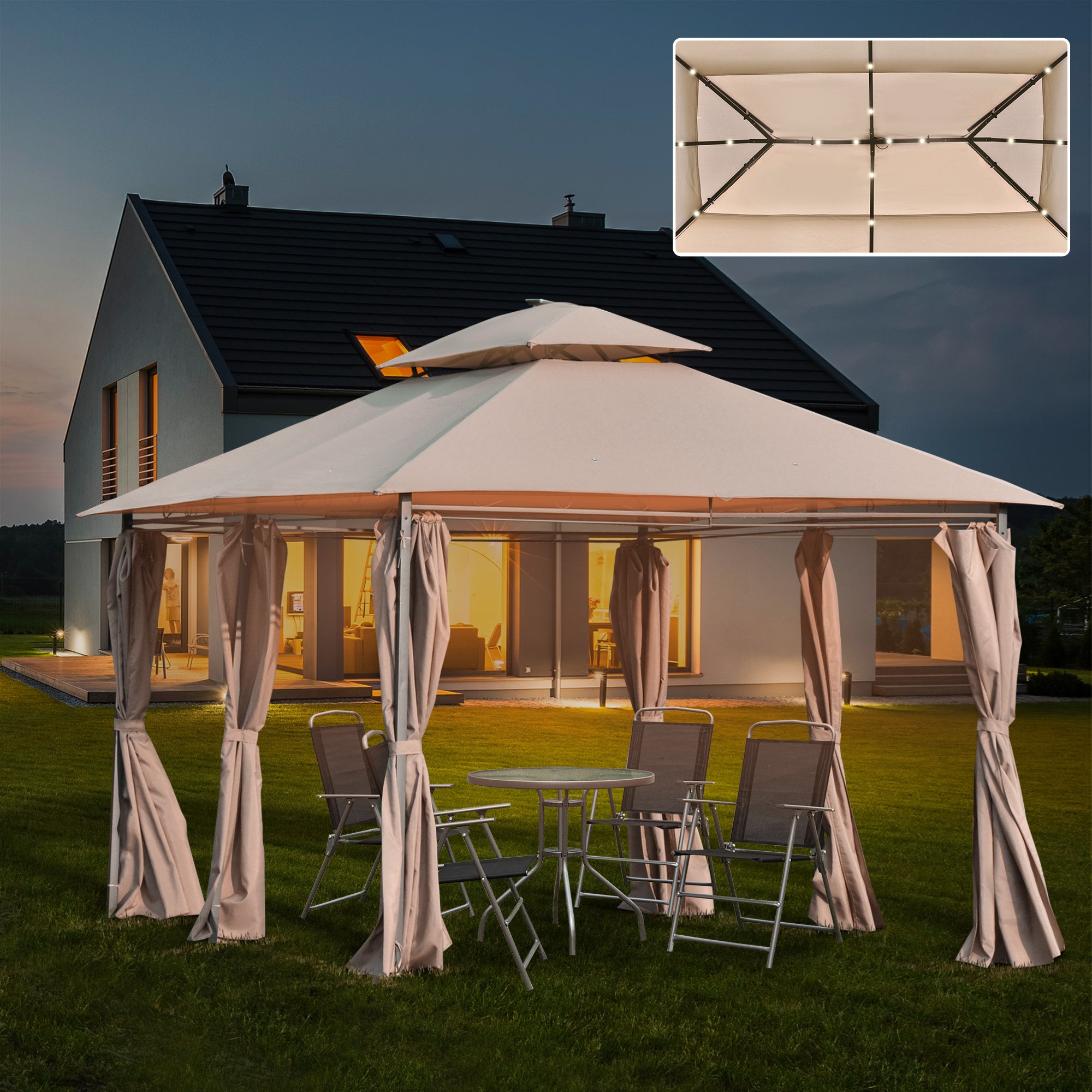 Outsunny 4 x 3(m) Outdoor Gazebo Canopy Party Tent Garden Pavilion Patio Shelter w/ LED Solar Light, Double Tier Roof, Curtains, Steel Frame, Khaki - North Peak Garden Furniture