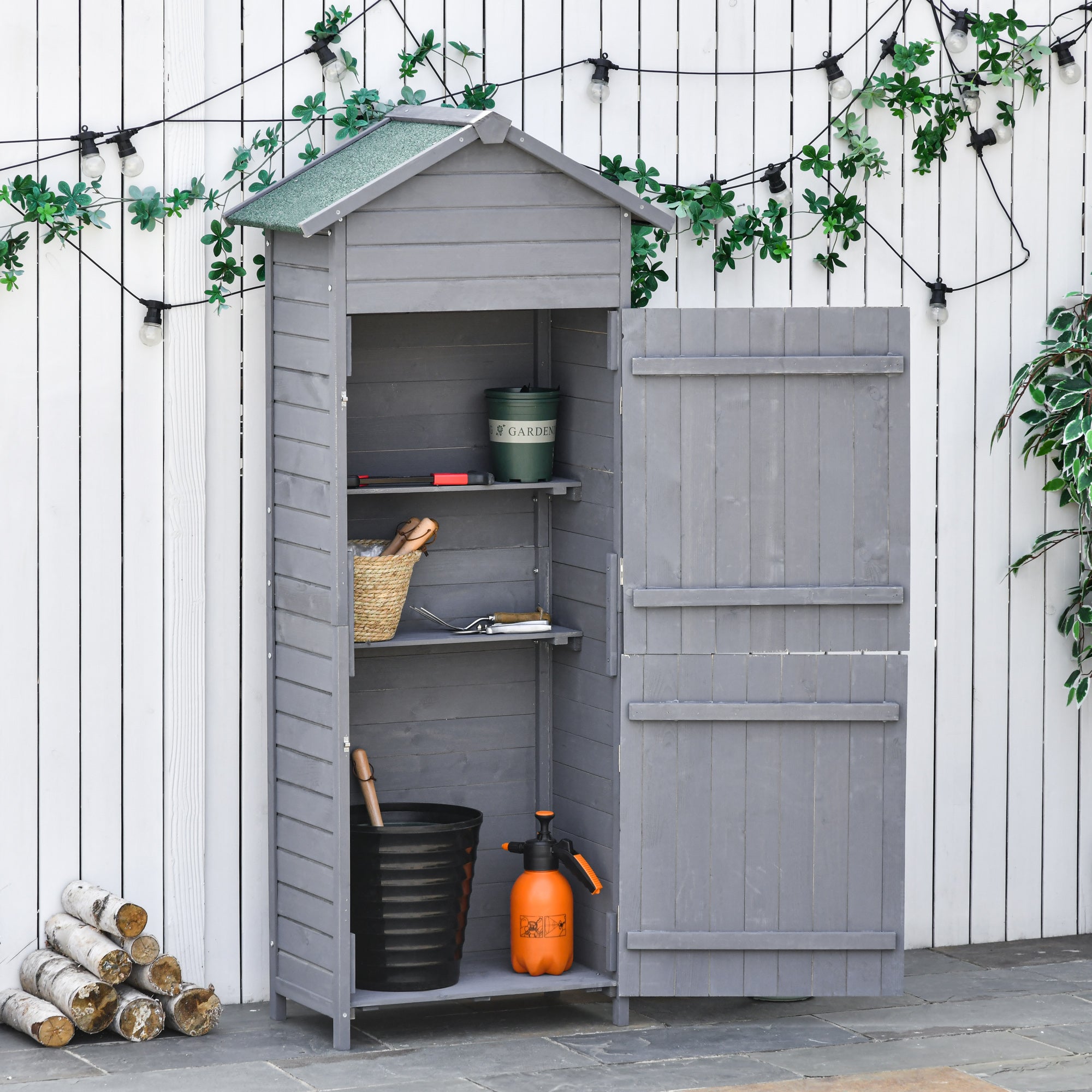 Outsunny Wooden Garden Storage Shed Utility Gardener Cabinet w/ 3 Shelves, Tilted-felt Roof and Two Lockable Doors, 79cm x 49cm x 191.5cm, Dark Grey - North Peak Garden Furniture