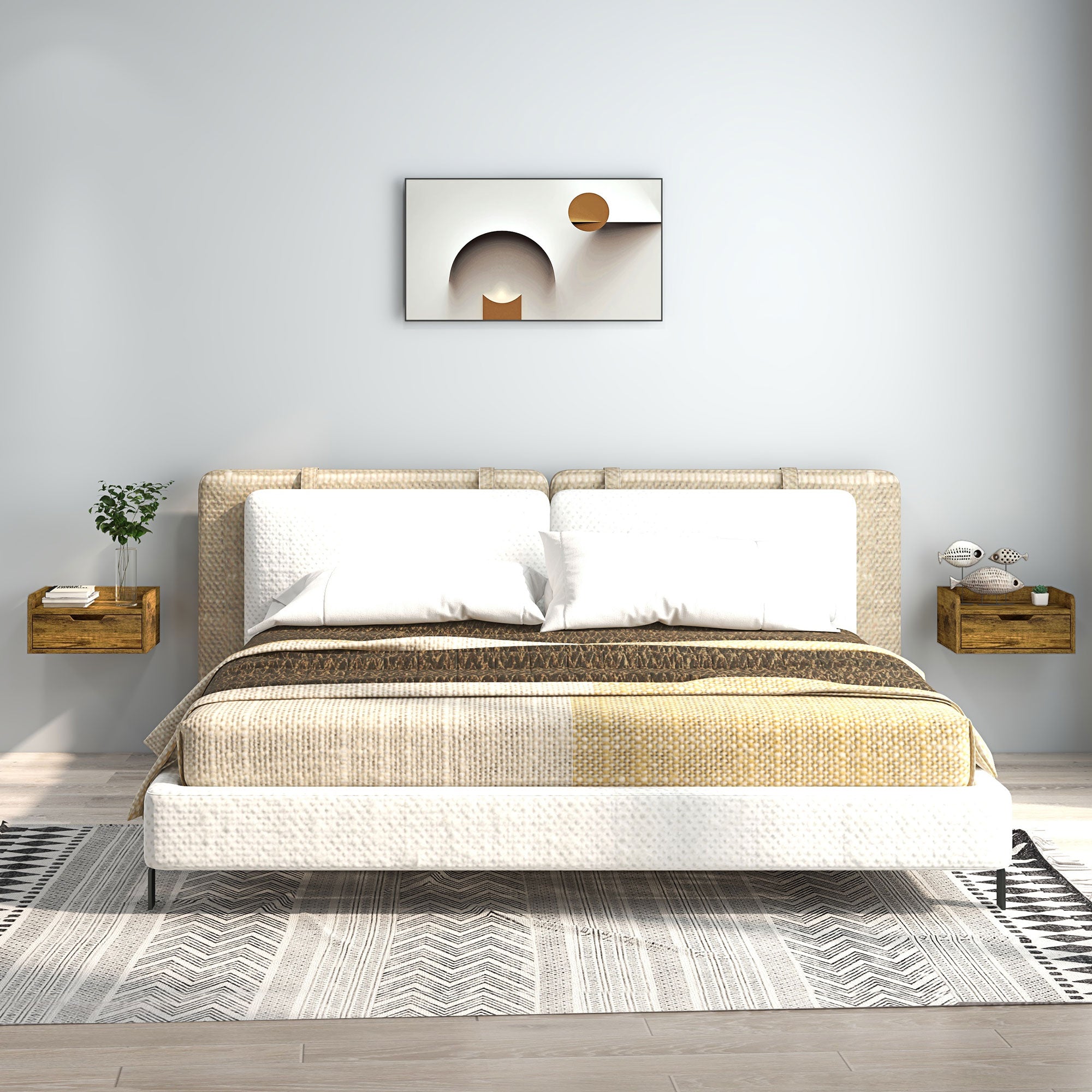 HOMCOM Floating Nightstand Set of 2 Wall Mounted Bedside Table with Storage Drawer for Bedroom, Rustic Brown - North Peak Garden Furniture