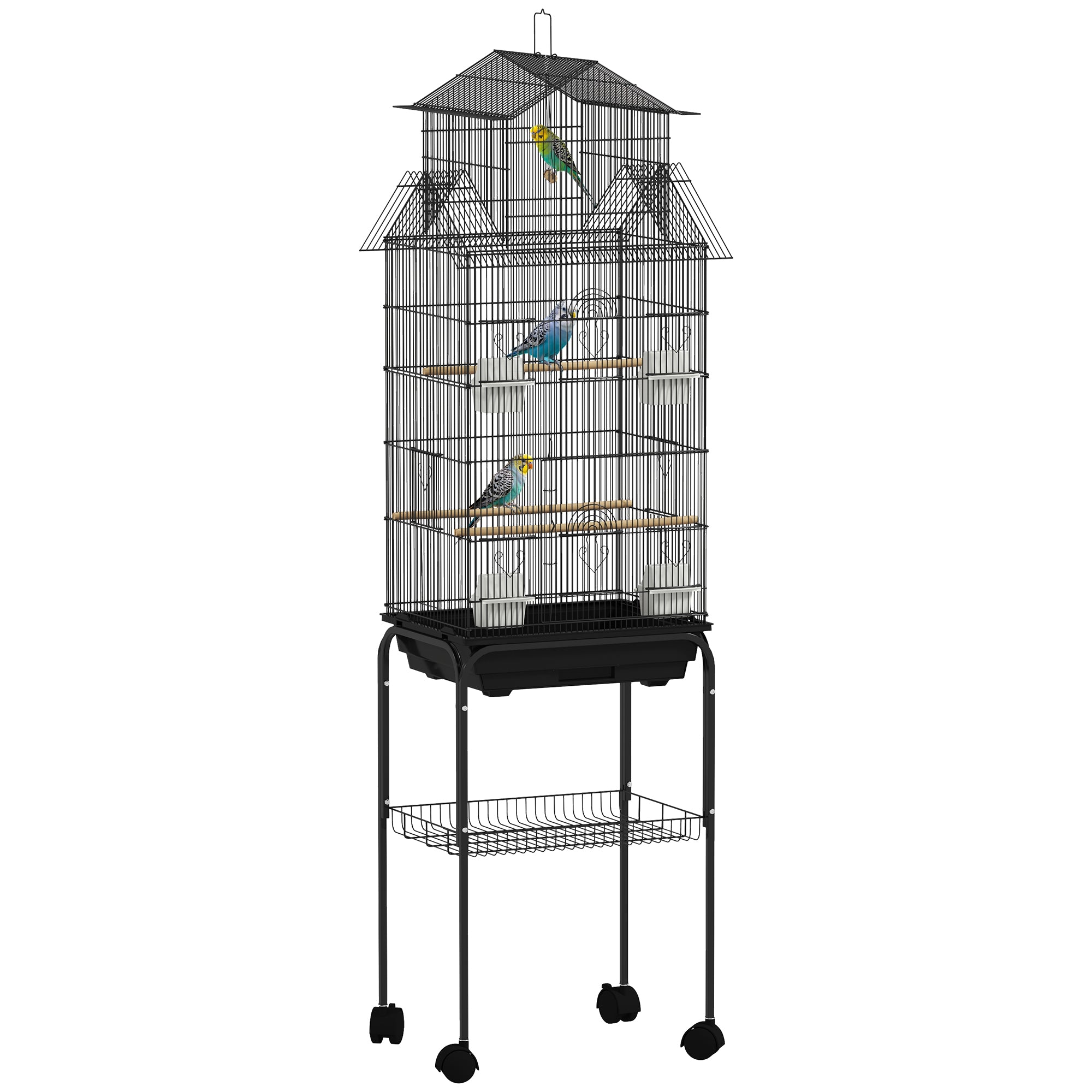 PawHut Metal Bird Cage with Plastic Swing, Perch, Food Container, Tray, Handle, for Finches, Canaries, Budgies, 43 x 32.5 x 163 - North Peak Garden Furniture