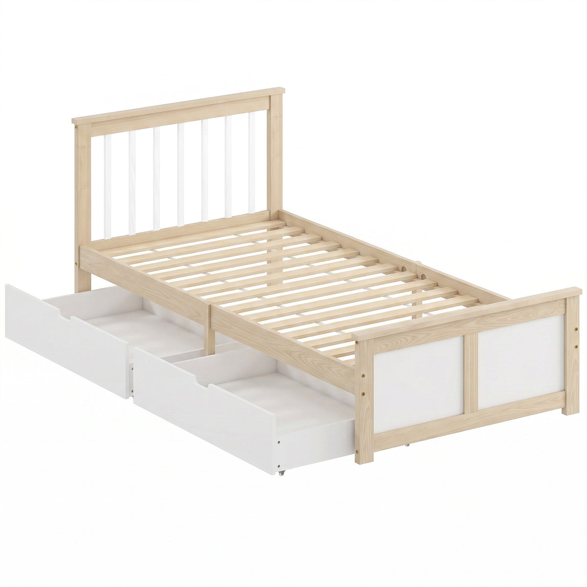 HOMCOM Pine Storage Bed, 3ft Single Solid Wooden Bed Frame with Drawers, Headboard, Wood Slat Support, Natural Wood Finish