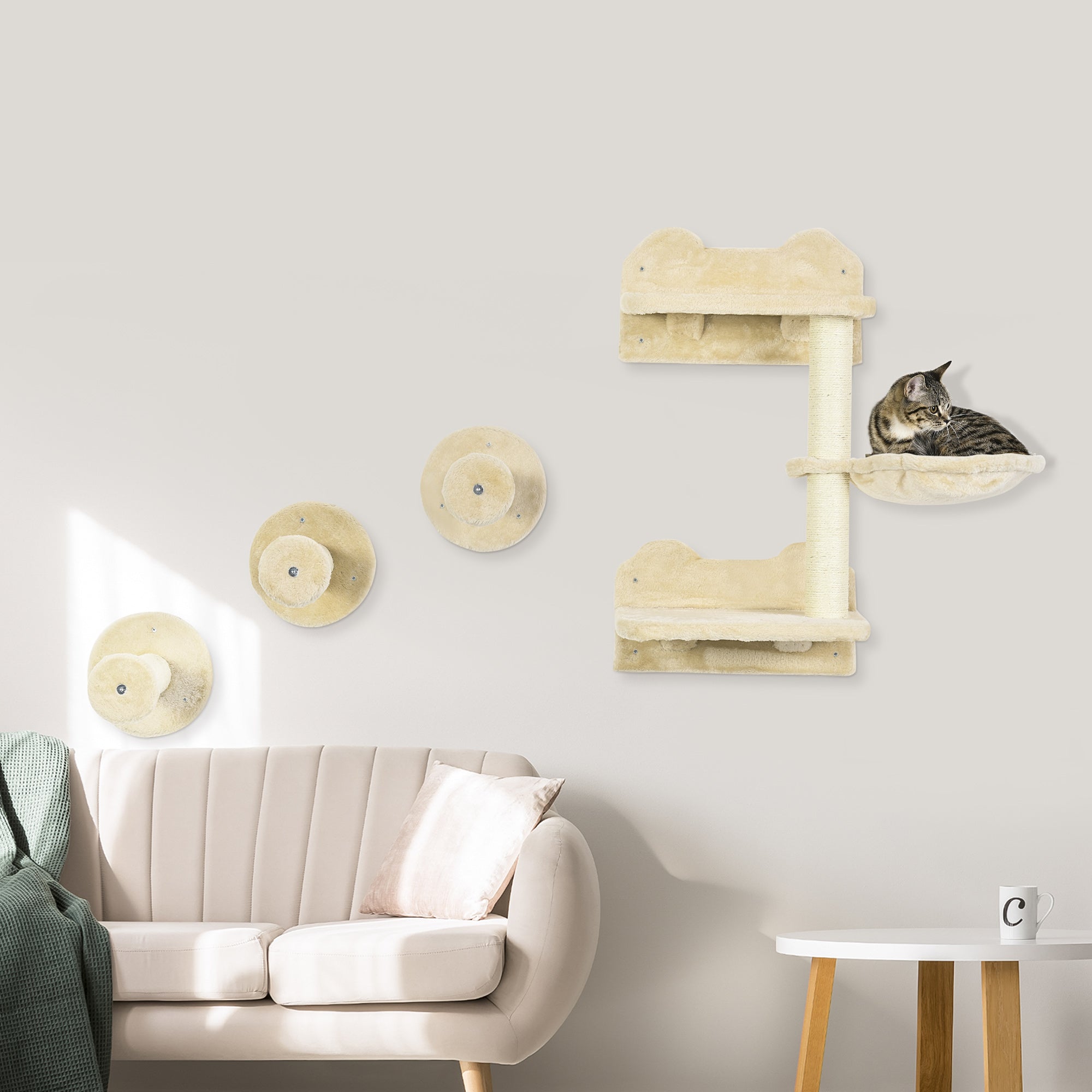 PawHut 4 Piece Cat Shelf with Scratching Post, Wall-Mounted Cat Tree for Indoor Cat - Beige - North Peak Garden Furniture