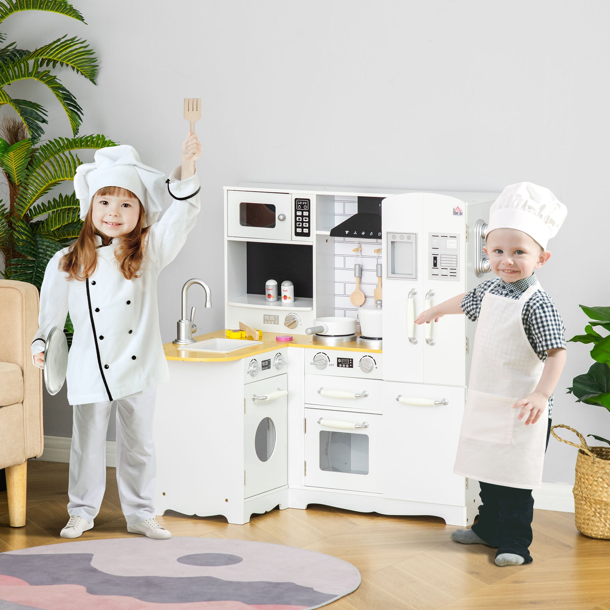 HOMCOM Kids Kitchen Playset, Large Pretend Role Play Kitchen, White - North Peak Garden Furniture