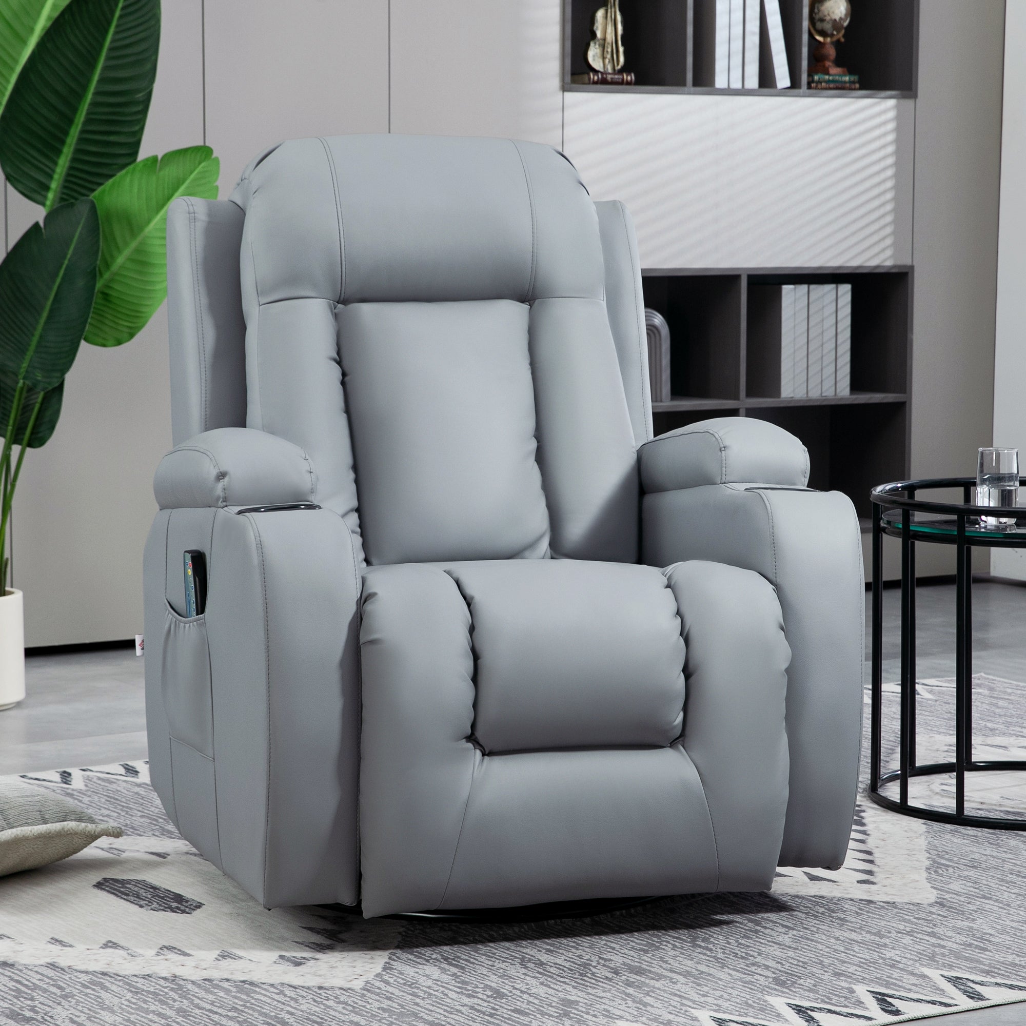 HOMCOM Massage Recliner Chair with 8 Vibration & Heat, PU Leather Recliner Armchair with Cup Holders and Side Pockets, Manual Reclining Chair with Remote, 360° Swivel, Rocking, Light Grey - North Peak Garden Furniture
