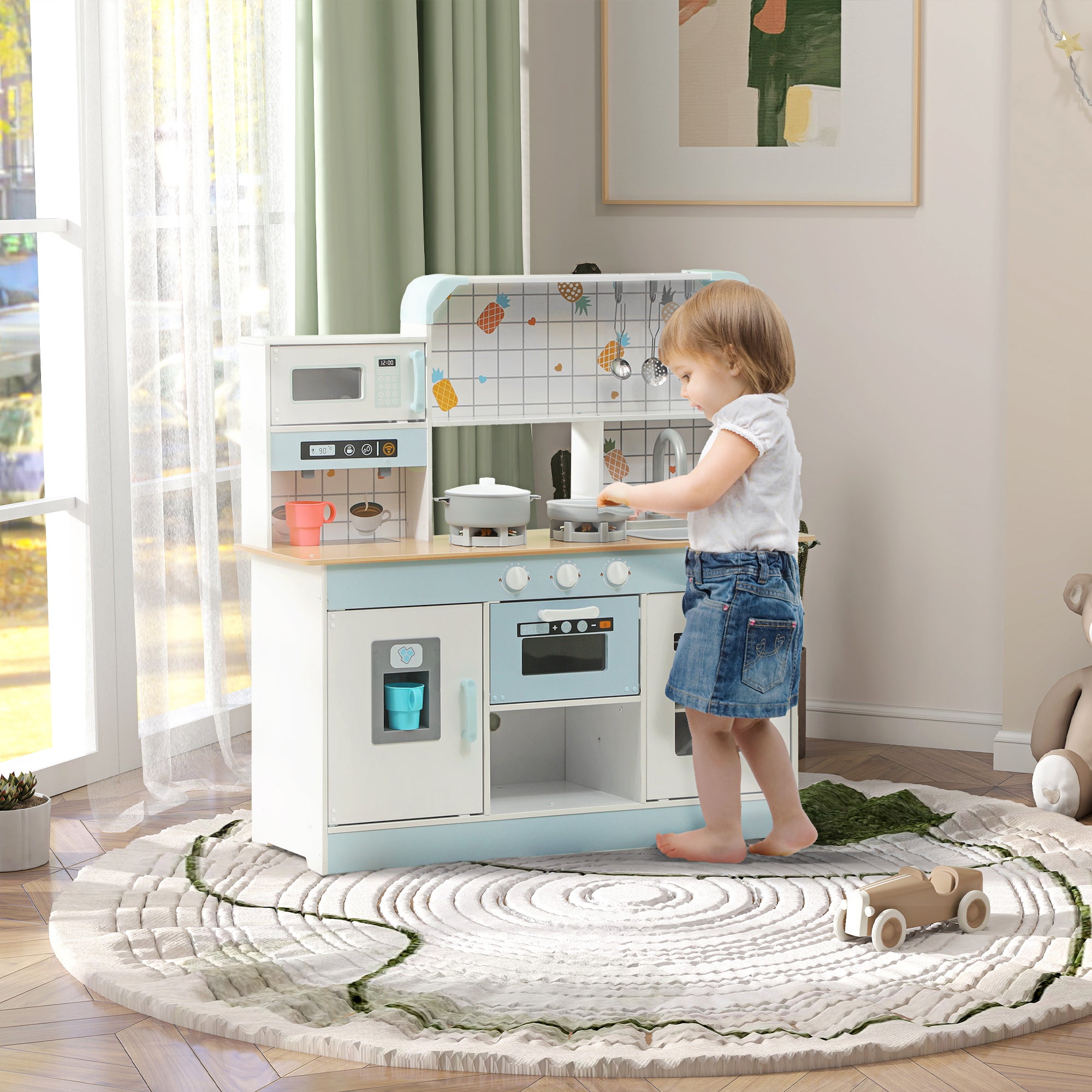 AIYAPLAY Toy Kitchen, Pretend Role Play Kitchen with Hob, Sound and Light, Coffee Machine, Ice Maker, Microwave - North Peak Garden Furniture